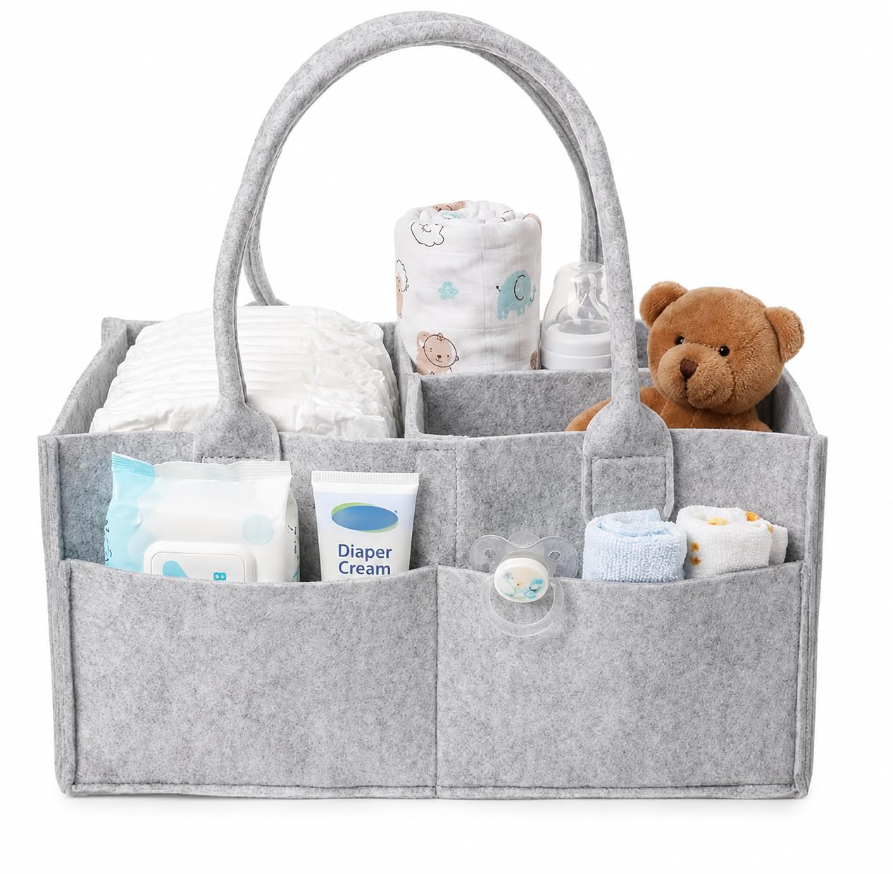 Felt Baby Diaper Caddy | Portable Foldable Nursery Storage Basket with Removable Dividers, Multiple Pockets & Carry Handles | Baby Essentials Organizer for Diapers, Wipes, Toys & Clothes Grey-image-13