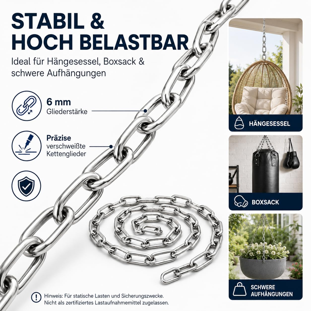 CYEER 2m Edelstahlkette 6mm Meterware, Rostfreie Gliederkette aus Edelstahl 304, Stabile Rundstahlkette für Hängesessel, Boxsack, Lampen & Gartenzaun, Hochbelastbare Metallkette