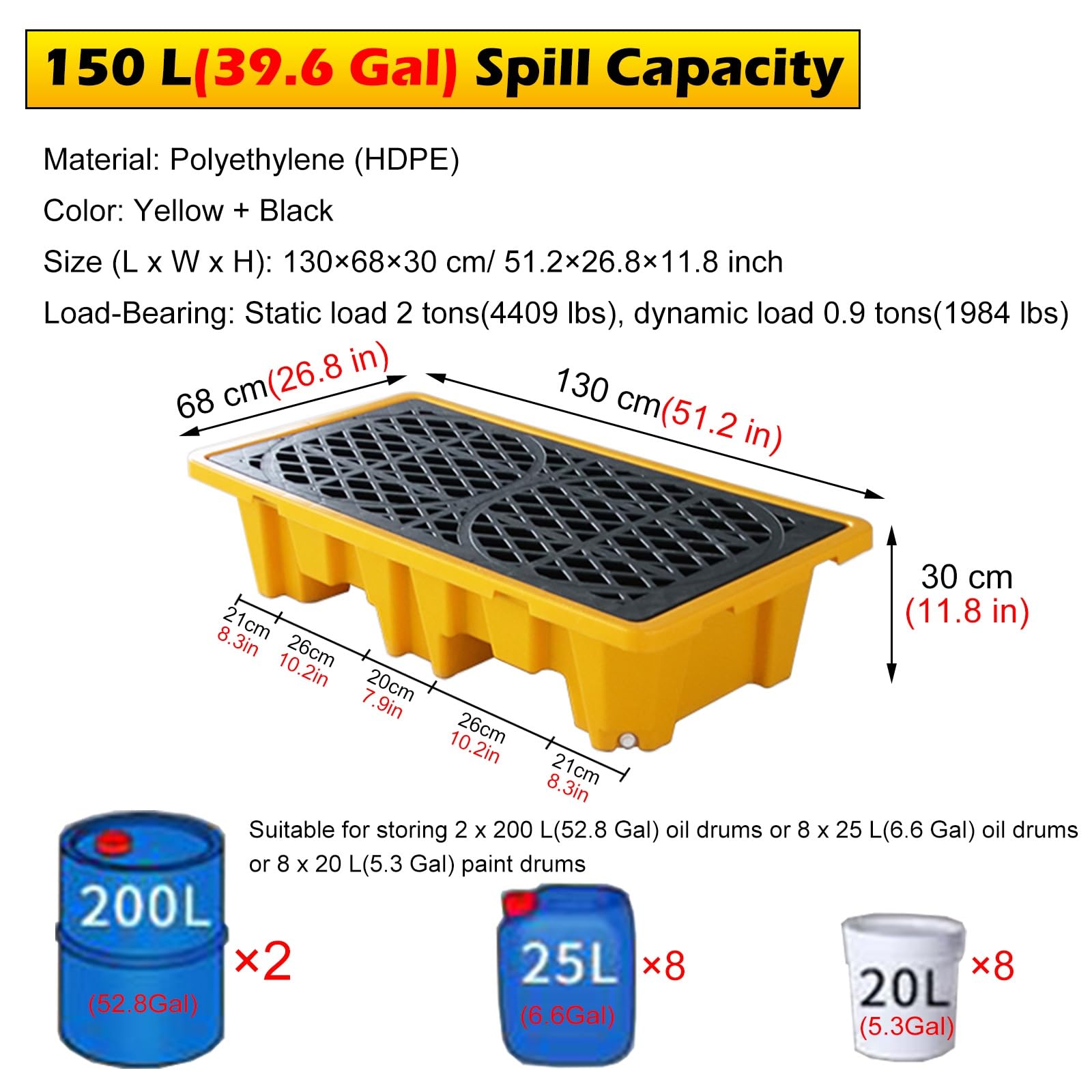 2 Drum Spill Containment Pallet, 12 18 40 Gallon Sump, 4000 Lbs Load Capacity Modular Secondary Containment Tray with Drain and Forklift Pockets, Detachable Grating Platform(130x68x30cm(51.2x26.8x11.8