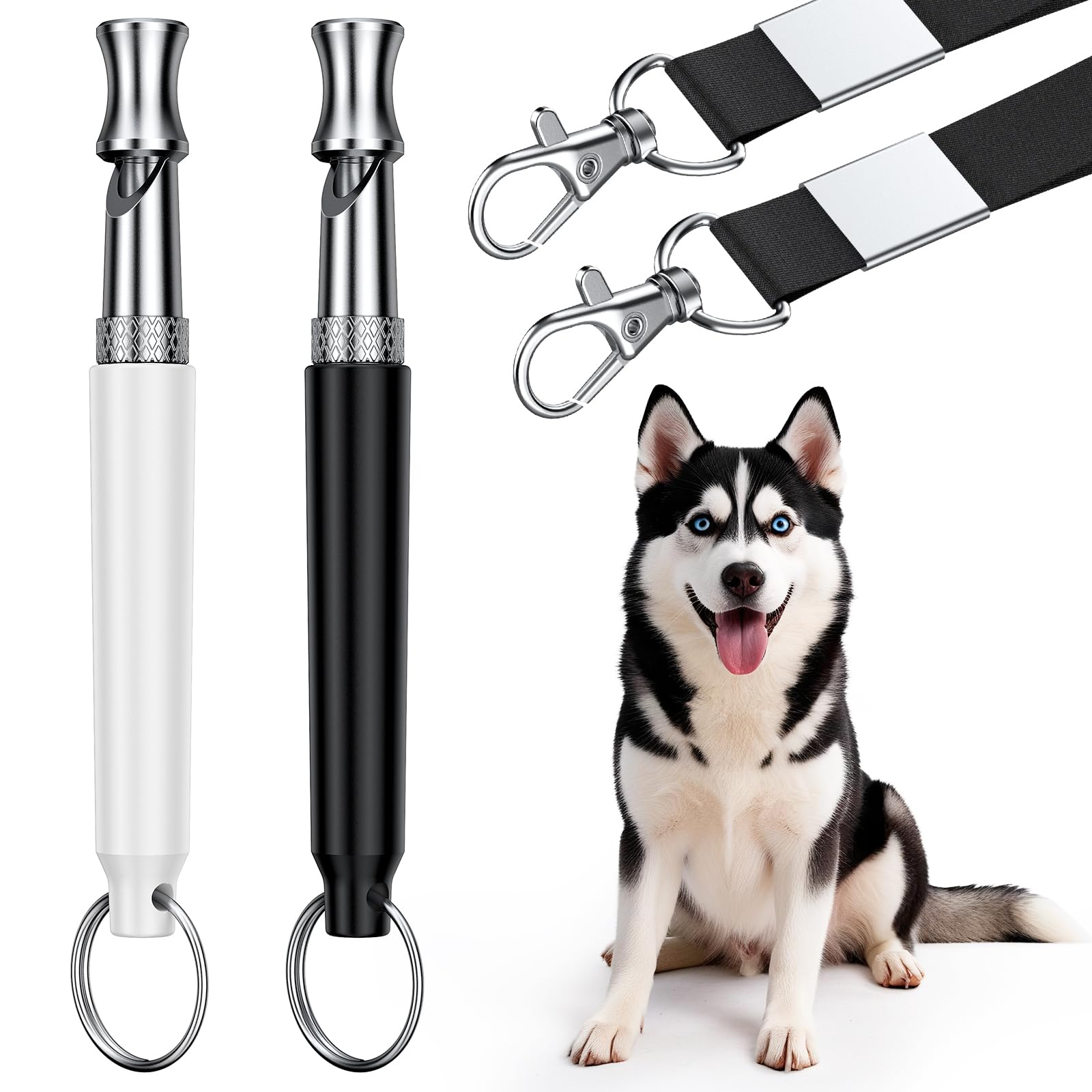 DIZU Dog Whistle, Dog Training Whistle with Lanyard, 2 Pcs Adjustable Ultrasonic Silent Dog Recall Whistles, Professional Dog Whistle to Stop Barking Neighbors Dog (White and Black)