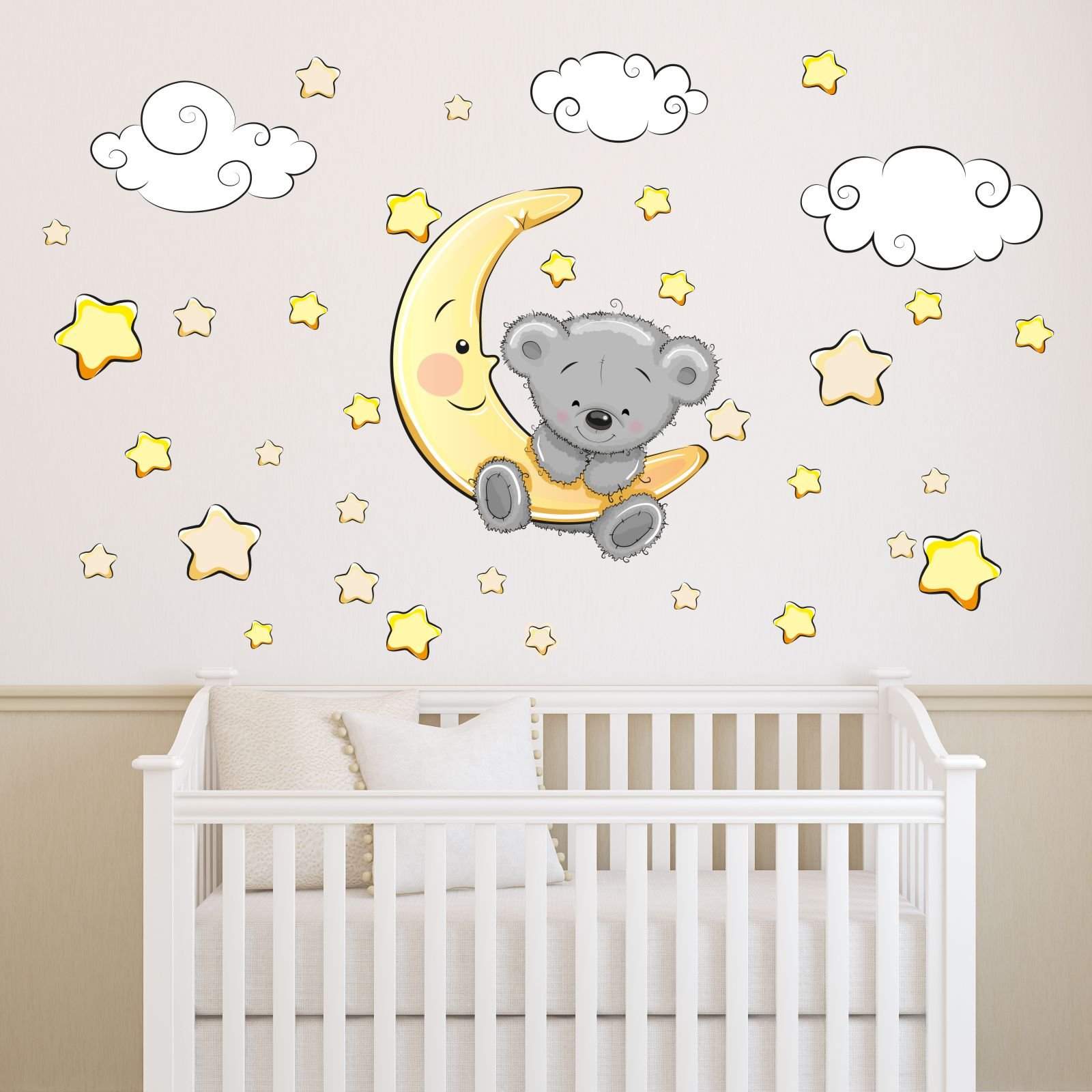 Nicima 064 Sticker mural décoratif Motif ourson sur la lune Nuages Étoiles – 6 tailles – Pour chambre d'enfant, chambre de bébé, ciel étoilé – Adhésif mural mignon – Décoration murale mignon –