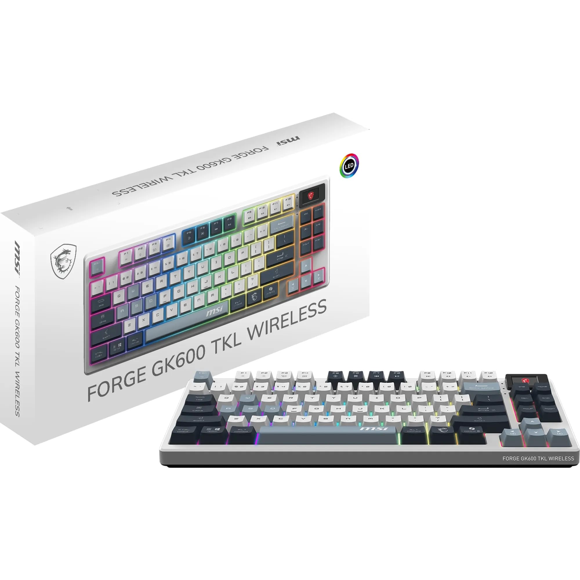 MSI Forge GK600 TKL Wireless Sky QWERTZ, DE Layout – MECHANISCHE LINEARE SWITCHES – PBT-Tastenkappen mit Farbsublimationsdruck, rutschfeste Unterseite, RGB-LED, Bluetooth, 2,4 GHz – ohne Ziffernblock