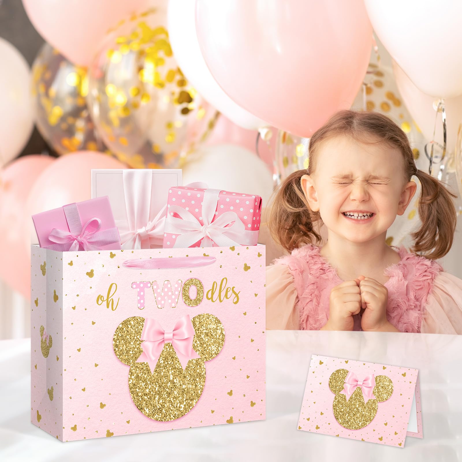 13" Large Oh Twodles Birthday Gift Bag with Tissue Paper and Greeting Card Glitter Pink Gold Wrapping Paper Bags Cartoon Mouse Happy 2nd Birthday Party Favor Bags for Girls 13"L x 10.2"H x 4.9"W