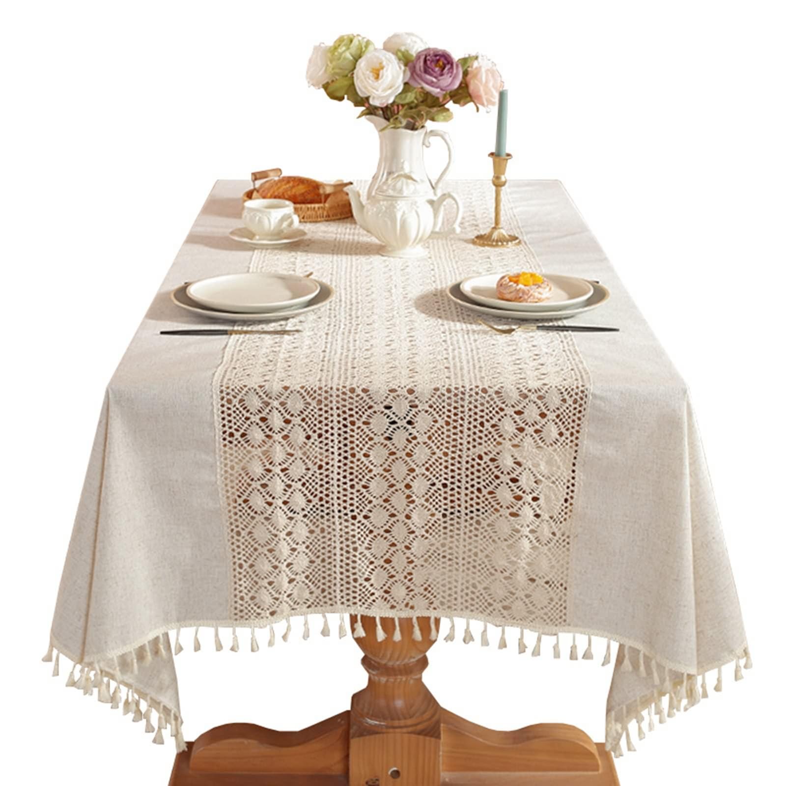Tovaglia Antimacchia, Tovaglie 140 x 300 cm Pizzo lavorato a maglia cavo con nappa in Poliestere Copritavolo per Tavolo da Pranzo, Cucina, Festa CompleannoBeigeStile 2