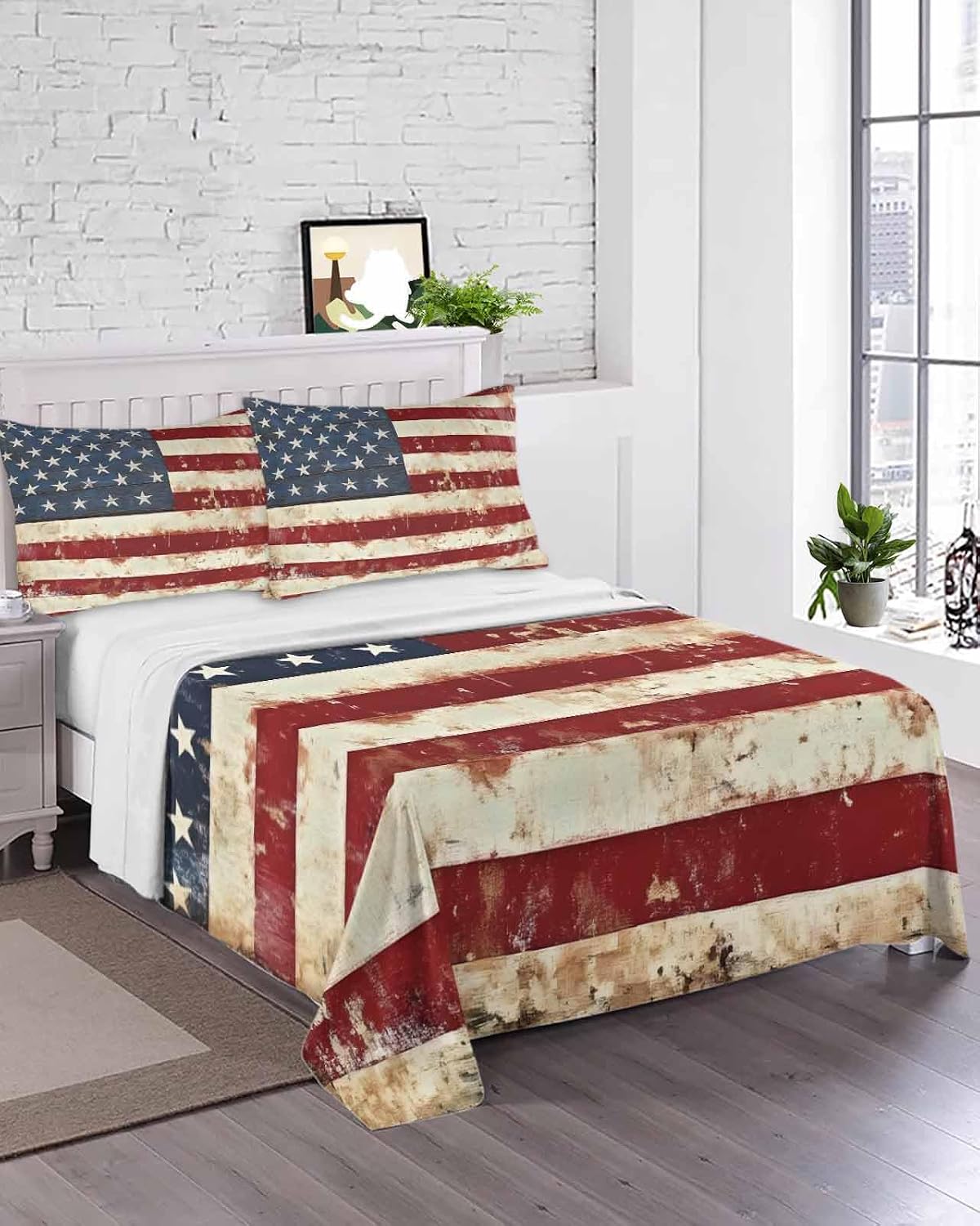 King Size Flat Sheet Only, American Flag Soft Brushed Microfiber Bed Sheets, Vintage Blue Red USA Flag Retro Hotel Quality Breathable Bedding Top Sheet, Easy Care, 105"x98"