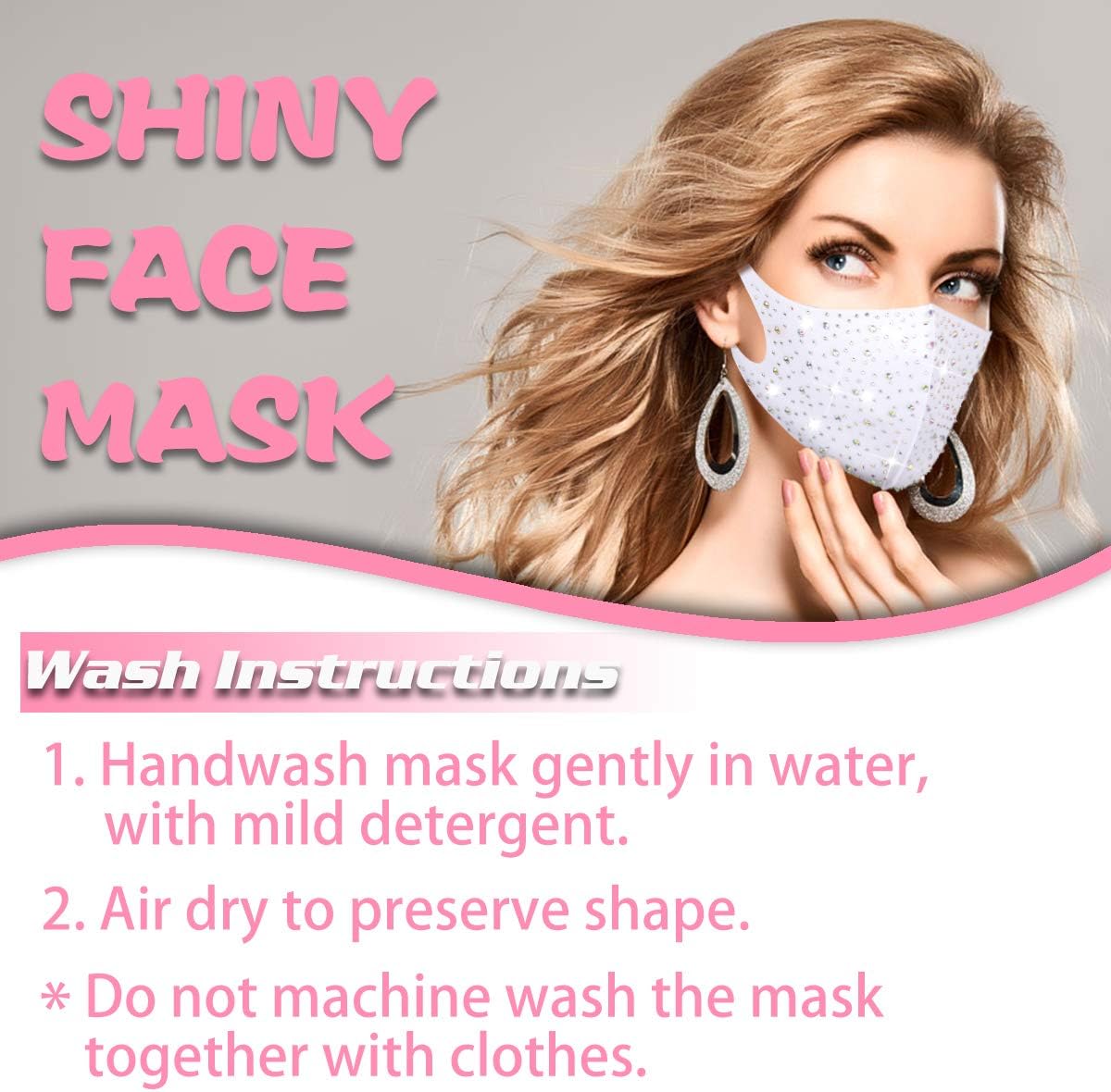 Rhinestone Sequin Bling Face Mask with Adjustable Ear Loops for Women Sparkle Glitter Diamond Bedazzled Crystal Decorative Fashion Pretty White Covering Washable Reusable Designer Madks