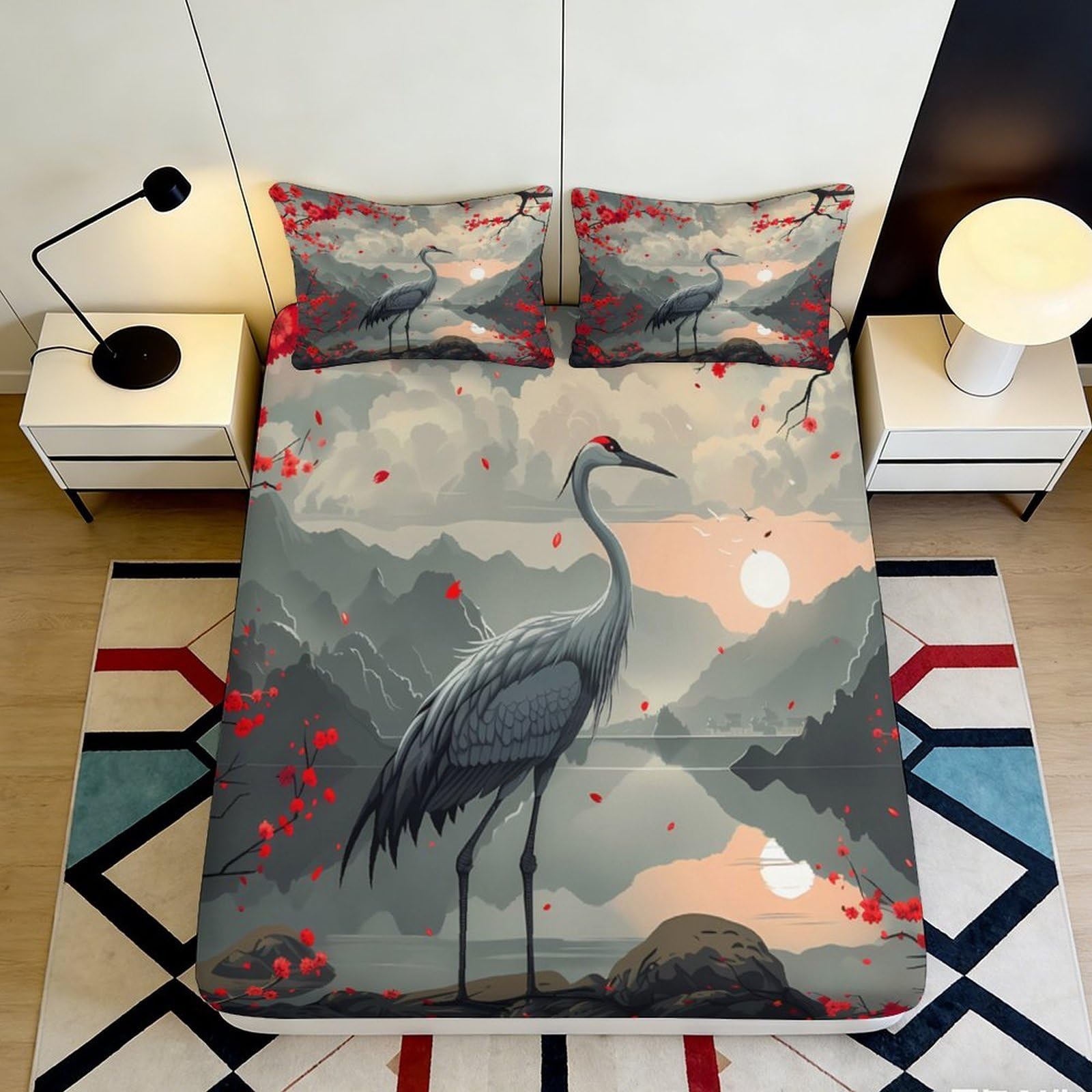 Dhbaneiok Style-2 3D Printed Crane Landscape Fitted Sheet Microfiber Soft Bedroom Decor Sunrise Mountain Mattress Cover 90X200x25cm