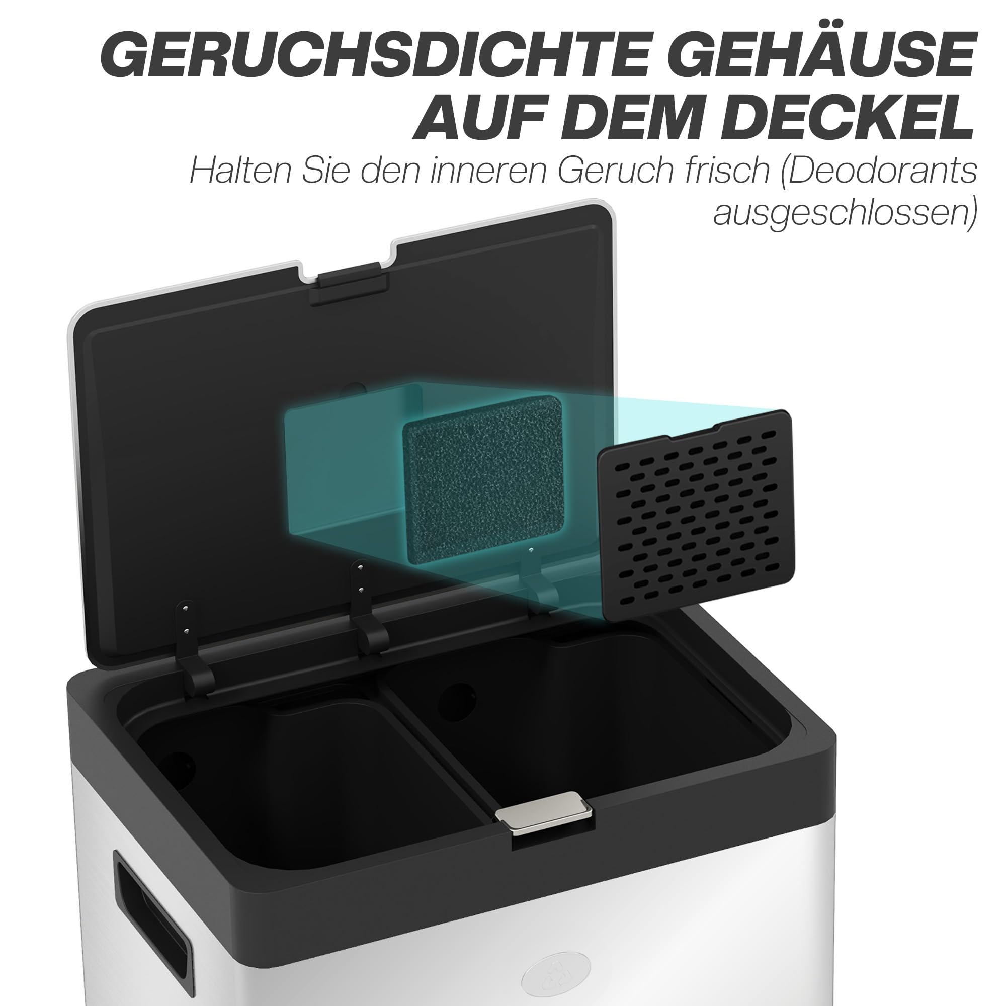 HOMCOM Rechteckiger Tretabfalleimer, 56L, Küchenabfalleimer, 3 Fächer, sanfter Verschluss, aus spurlosem Edelstahl, Abfalleimer mit Rollen, herausnehmbarer Inneneimer, Silber