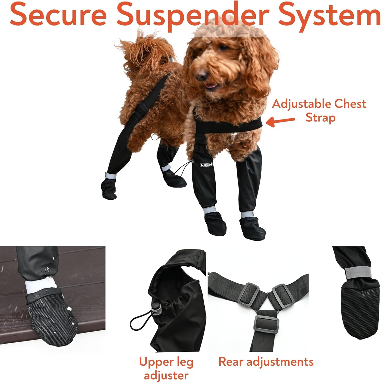 Waterproof Dog Suspender Boots with AirTag Compatible Pocket, Anti-Slip Reflective Dog Shoes, Adjustable Stay-On Paw Protector for Small Medium Large Dogs, Outdoor Walking Rain Snow (Black, S)