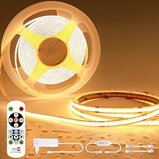 COB LED Streifen Warmweiss 5M, Led Strip Dimmbar 24V, 3000K, Lichtband LED Selbstklebend, IP44 Wasserdicht, Band mit Fernbedienung, Lichtleiste für TV, Küche, Wohnzimmer, DIY Indoor Outdoor