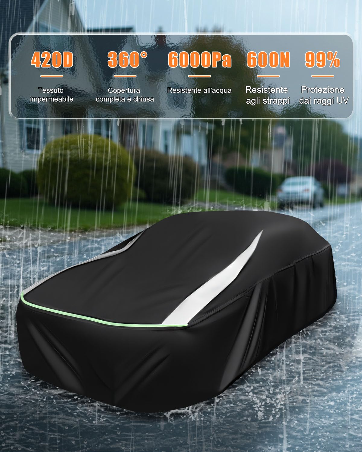 Completamente Chiuso Telo Copriauto Impermeabile per 445-485cm | Protezione Antivento, Antipolvere e UV a 360°, Tessuto Oxford 420D con Strisce Riflettenti, per Berlina Wagon
