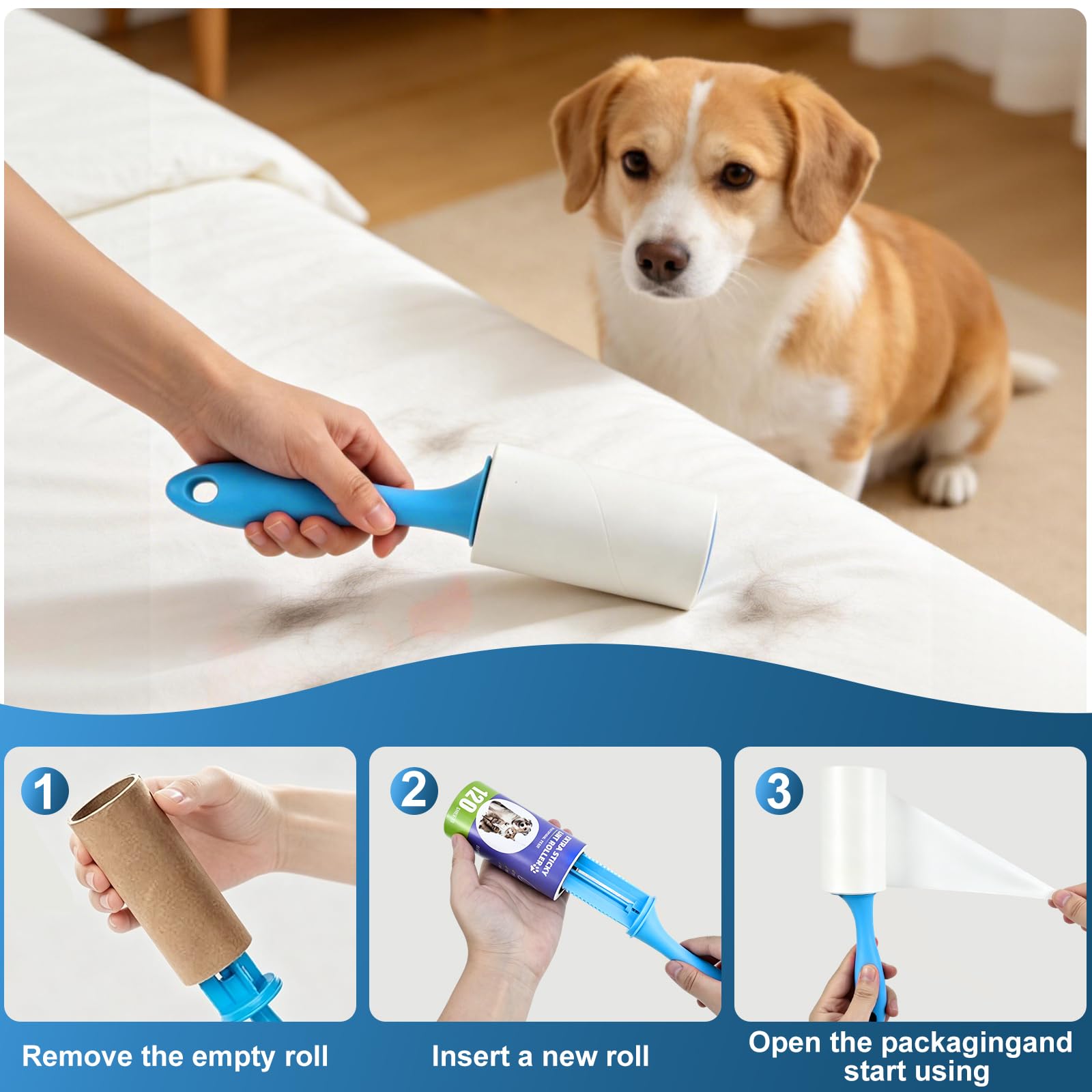 Brosse Anti Poils Animaux 1440 Feuilles très adhésives,12 Rouleaux avec 2 Poignées,Extra Collant Rouleau adhesif Vetement, Brosse Adhesive Poils Animaux