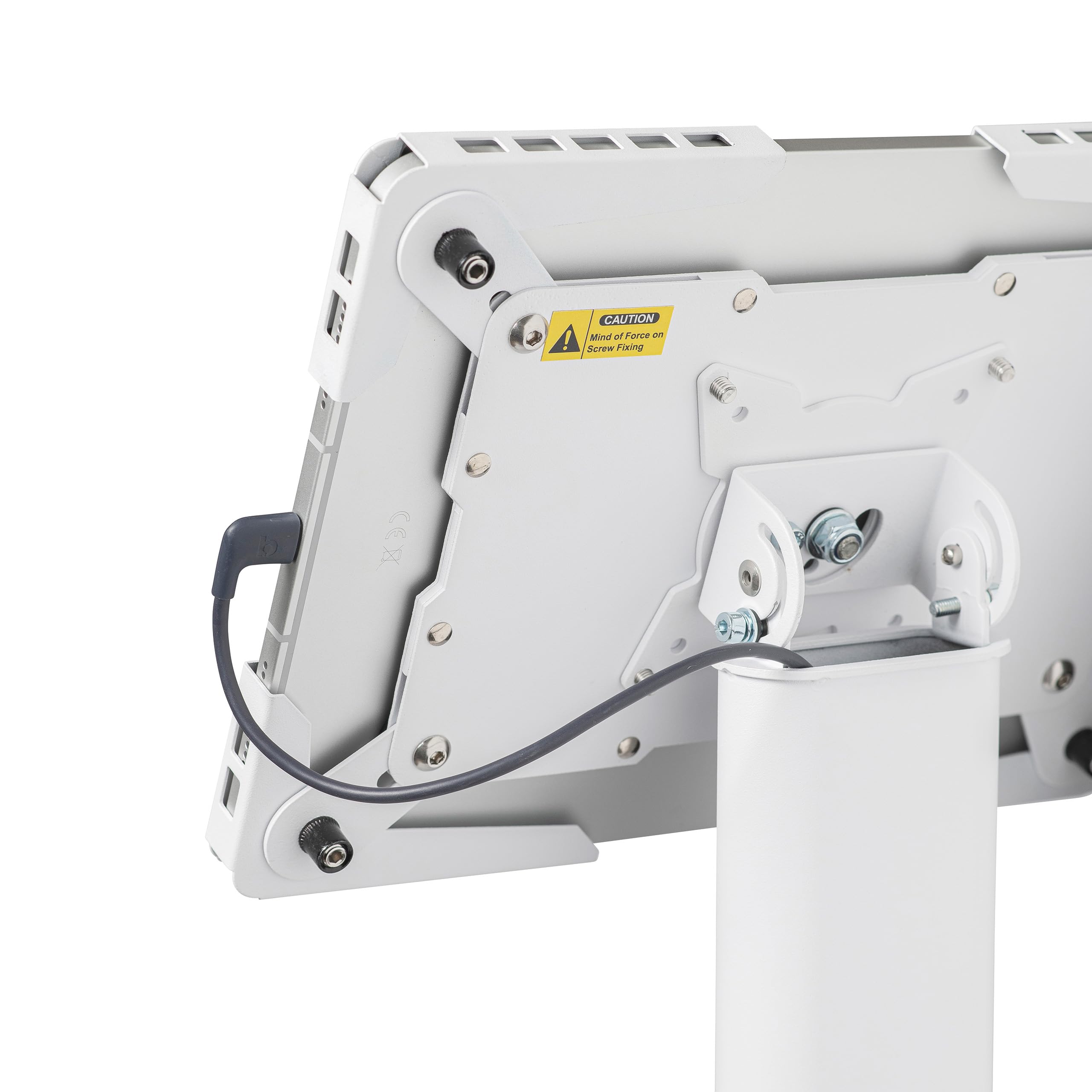 Supporto da pavimento universale per tablet regolabile 70–120 cm – per iPad e tablet 10–13 pollici – girevole, inclinabile, base stabile in metallo, gestione cavi, bianco