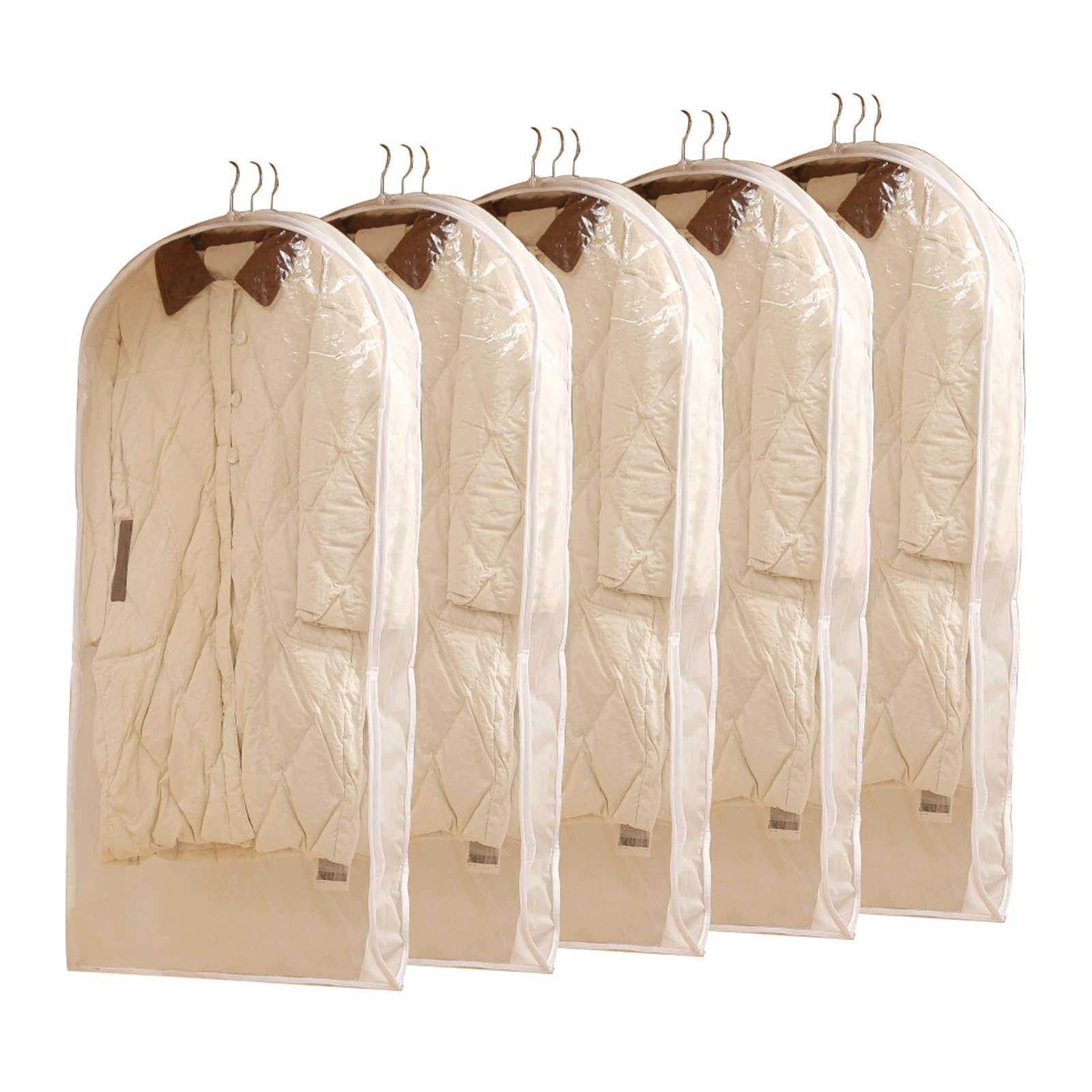 YEQING Borsa Porta Abiti da 5 Pezzi con Cerniera Autocompressiva, Salvaspazio, Borsa per Abiti per Cappotti Invernali, Piumino, Compressione(White,60x15x110cm)