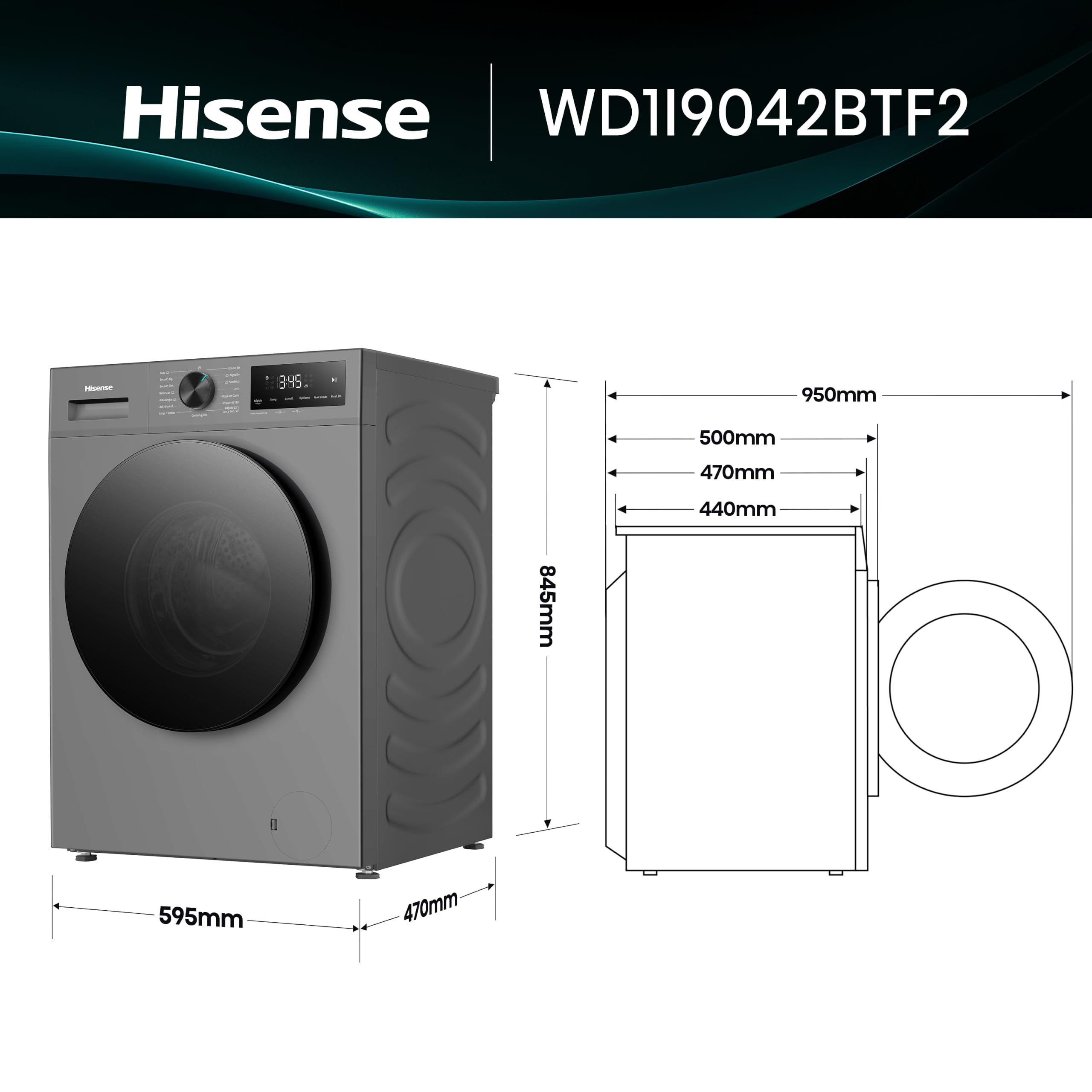 Hisense WD1I9042BTF2 - Lavasecadora 9 kg/5 kg, Fondo 47cm, 1400 rpm, Lavado y Secado 59', Dispensador Automix, Programa Lavado Auto, Función Antiarrugas, Lavado Pure Jet, Función Vapor 99,9%, Silver