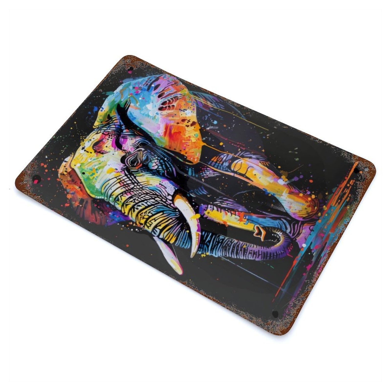 Rust Effect Elephant Popart Painting Distressed Metal Wall Sign 11.8"x7.9", Decorative Metal Wall Art for Living Room, Hallway And Home Decor