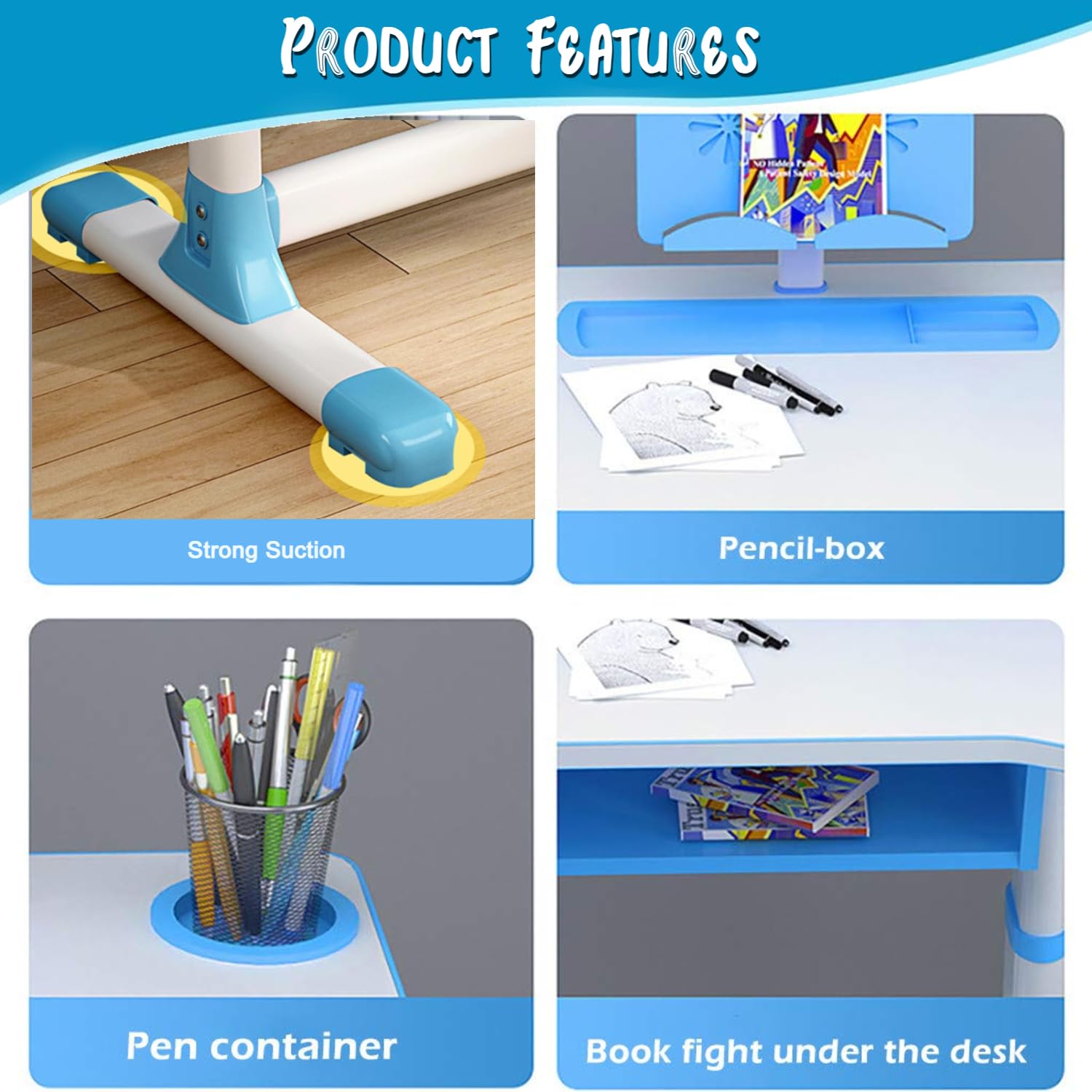 NUCARTURE Adjustable Kids Study Table with Chair Set 3 to12 Years Drawing Learning Reading Children Study Desk Table with Chair Kids Studying Table with Book Pen Holder (Blue) - Image 3 thumbnail