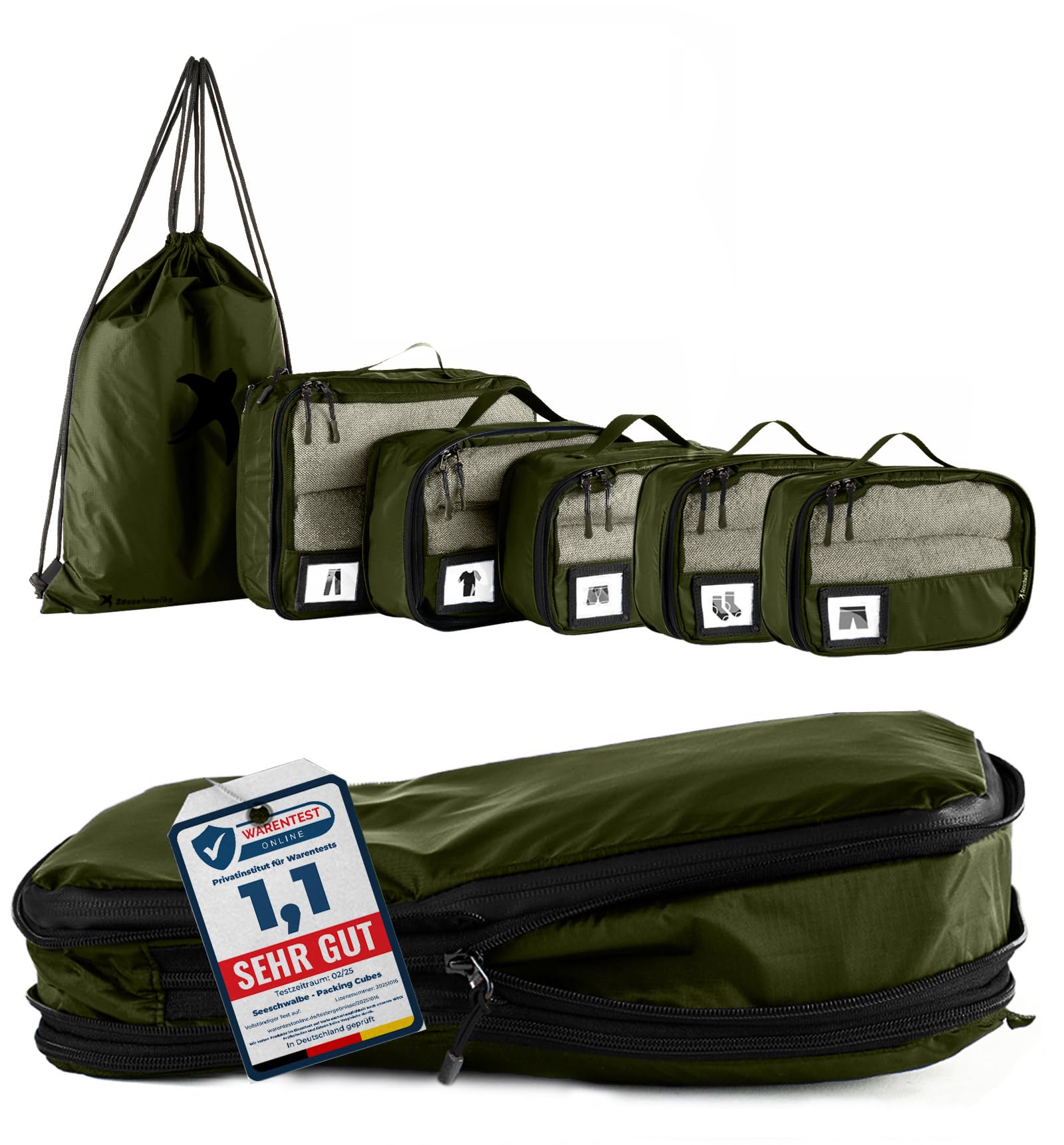 SEESCHWALBE Packwürfel Set mit Kompression | Packing Cubes | Packtaschen Set für Rucksack & Koffer | Extra leichte Kleidertaschen (Olivgrün, 6-teiliges Set)