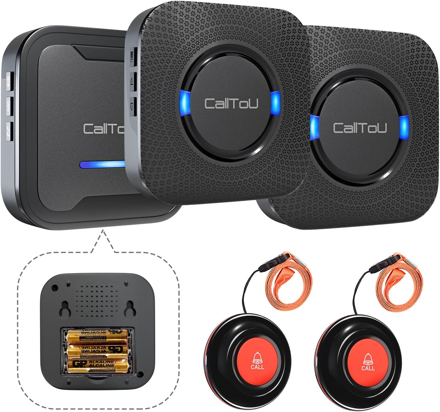 CallToU Wireless Caregiver Pager Call Button Nurse Calling Alert System Call Bell Elderly Patient Disabled with 2 Transmitters 2 Plug-in Receiver 1 Battery Portable Receiver