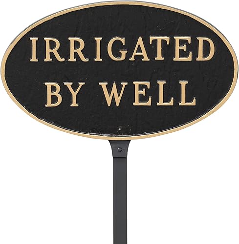 Letrero de placa ovalada de metal fundido Irrigated by Well - Letrero de pared o césped - Letrero para el hogar o negocio - Aluminio recubierto de