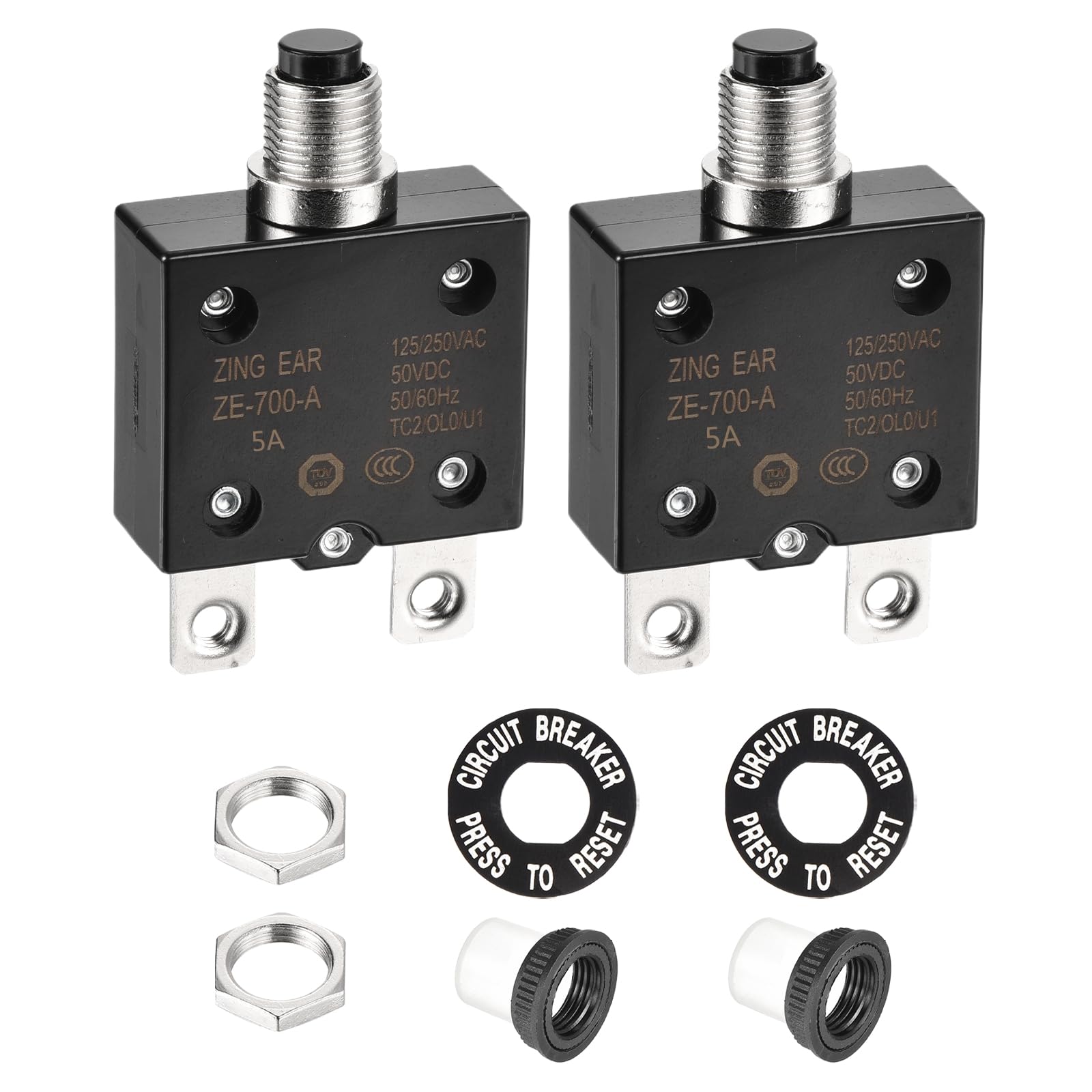 DMiotech 5A Thermal Circuit Breaker 125/250V AC 50V DC 50/60Hz 2.3x1.4x0.6" Push Button Manual Reset Overload Protector with Waterproof Button Cap for Overload Protection Application,2Pcs