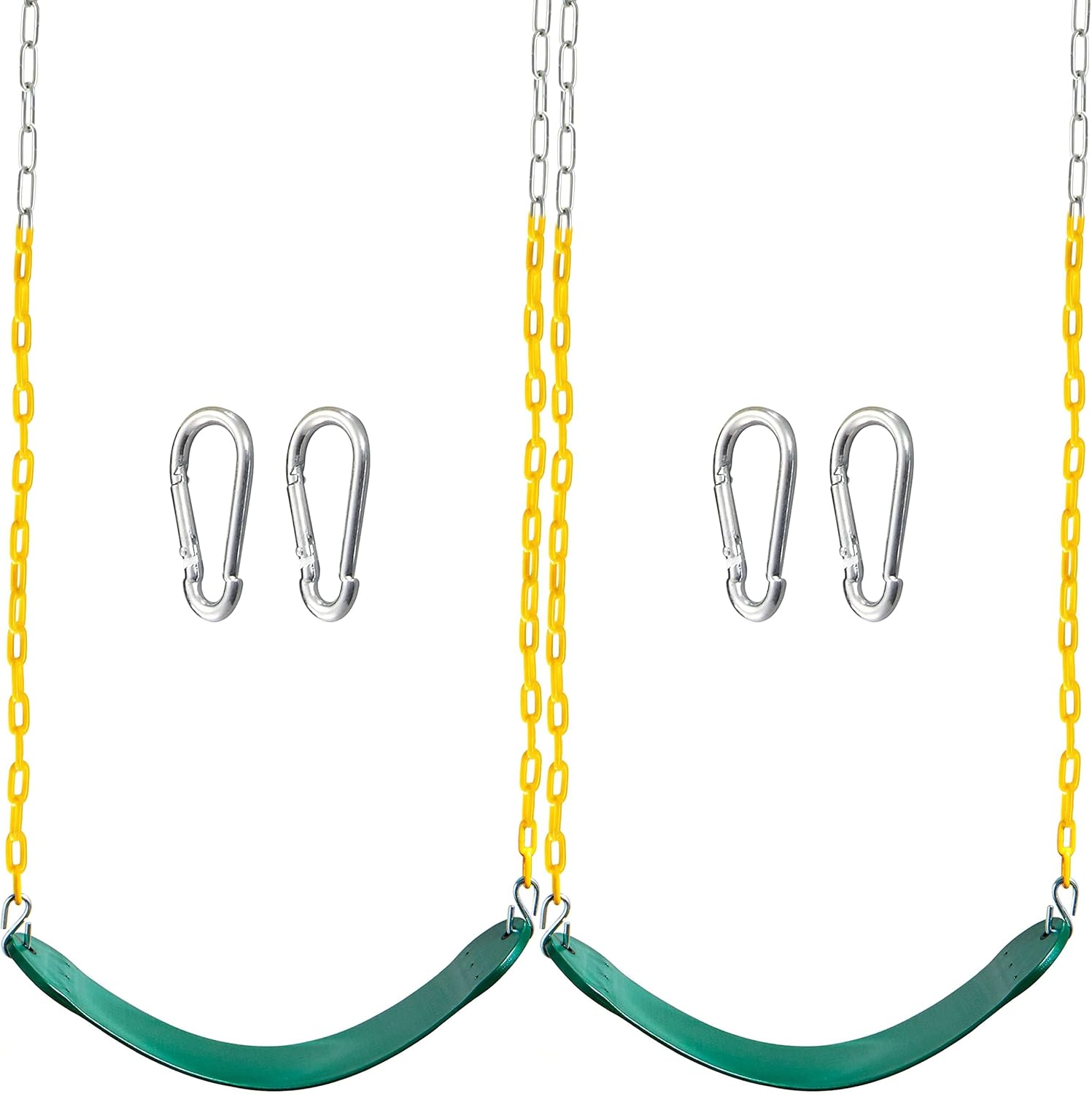 TURFEE 2-Pack Heavy Duty Green Swing Seats with 66" Chains & Snap Hooks - Kids Swing Set Replacement for Playground & Trees
