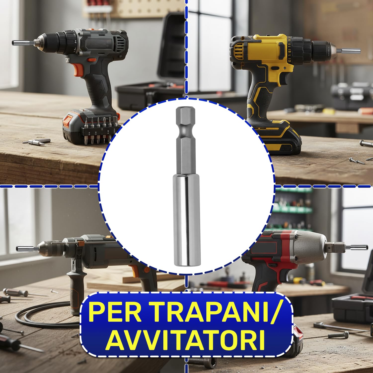 5 Pezzi Portainserti Magnetico 1/4" x 60 mm - Porta Inserti Universale per Trapano e Avvitatore - Realizzato in Alluminio e Acciaio al Cromo Vanadio - MONTERAL