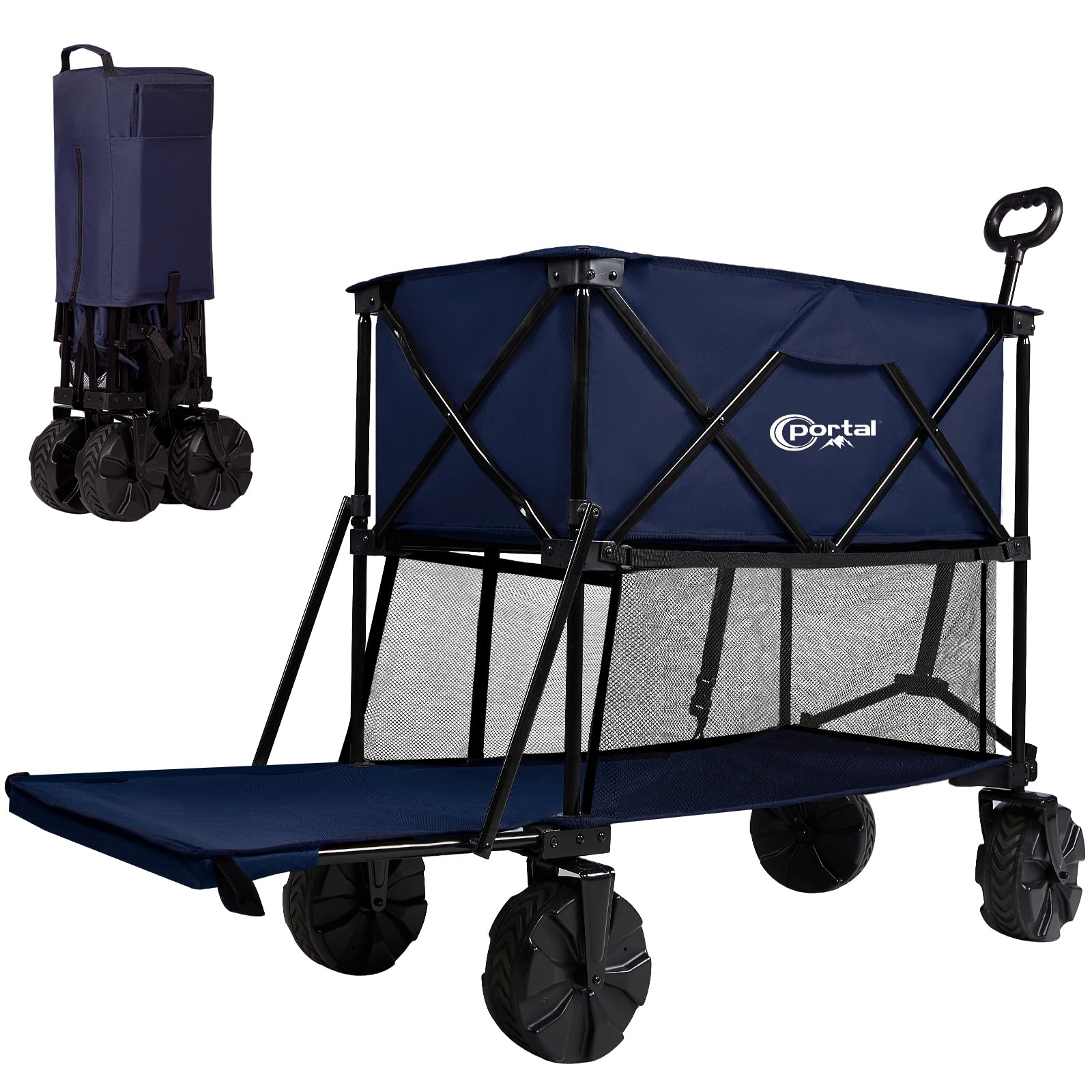 PORTAL Collapsible Double Decker Wagon, Foldable Wagon Cart with 54” Lower Decker, Folding Beach Wagon with Big Wheels, Utility Outdoor Portable Wagon for Camping, Garden, Shopping, Groceries, Blue