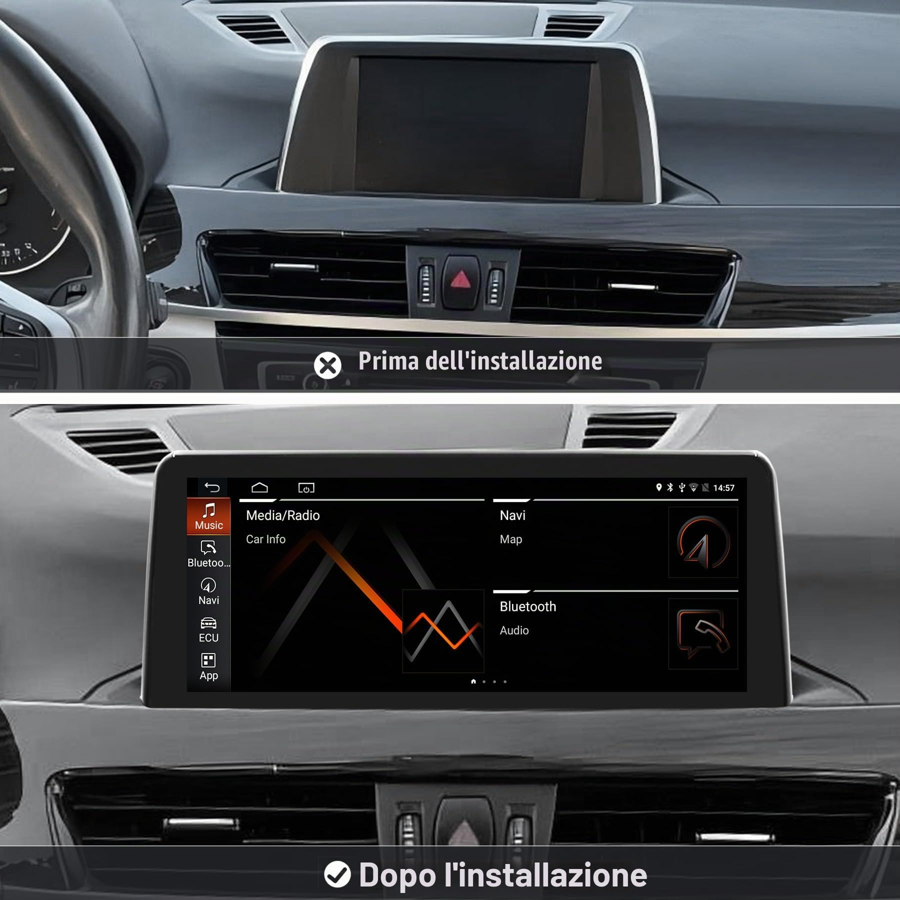 Autoradio Android 14 da 10,25 pollici per BMW X1 F48 (2016-2017) con sistema NBT - CarPlay/Android Auto wireless, iDrive integrato, 4 GB + 64 GB, schermo IPS HD, navigazione GPS, Mirror Link