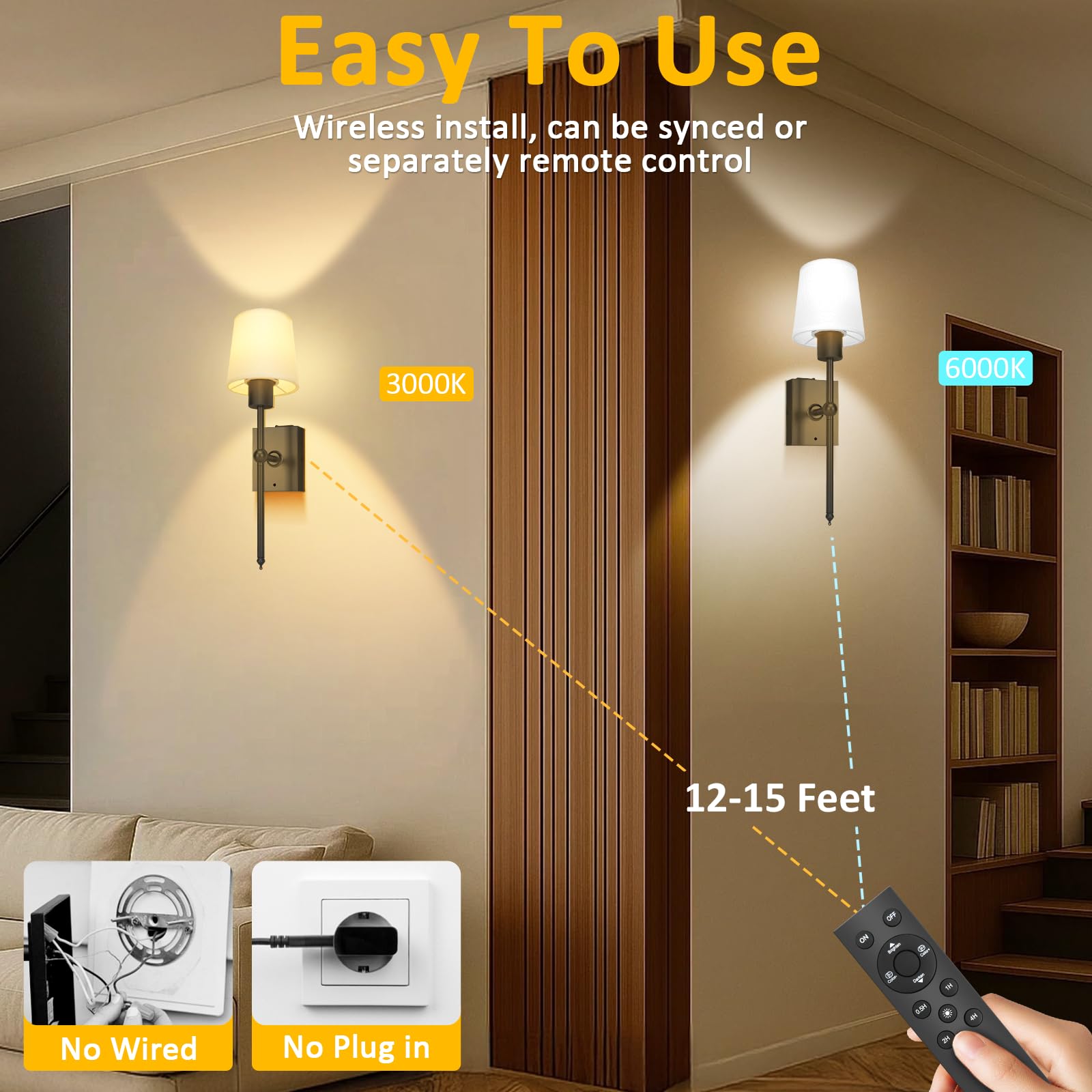 Toowell LED Wandleuchte Innen Akku | Kabellose Wandleuchter für den Innenbereich, ohne Kabel, für Flur, Wohnzimmer, Schlafzimmer, 2 Stück