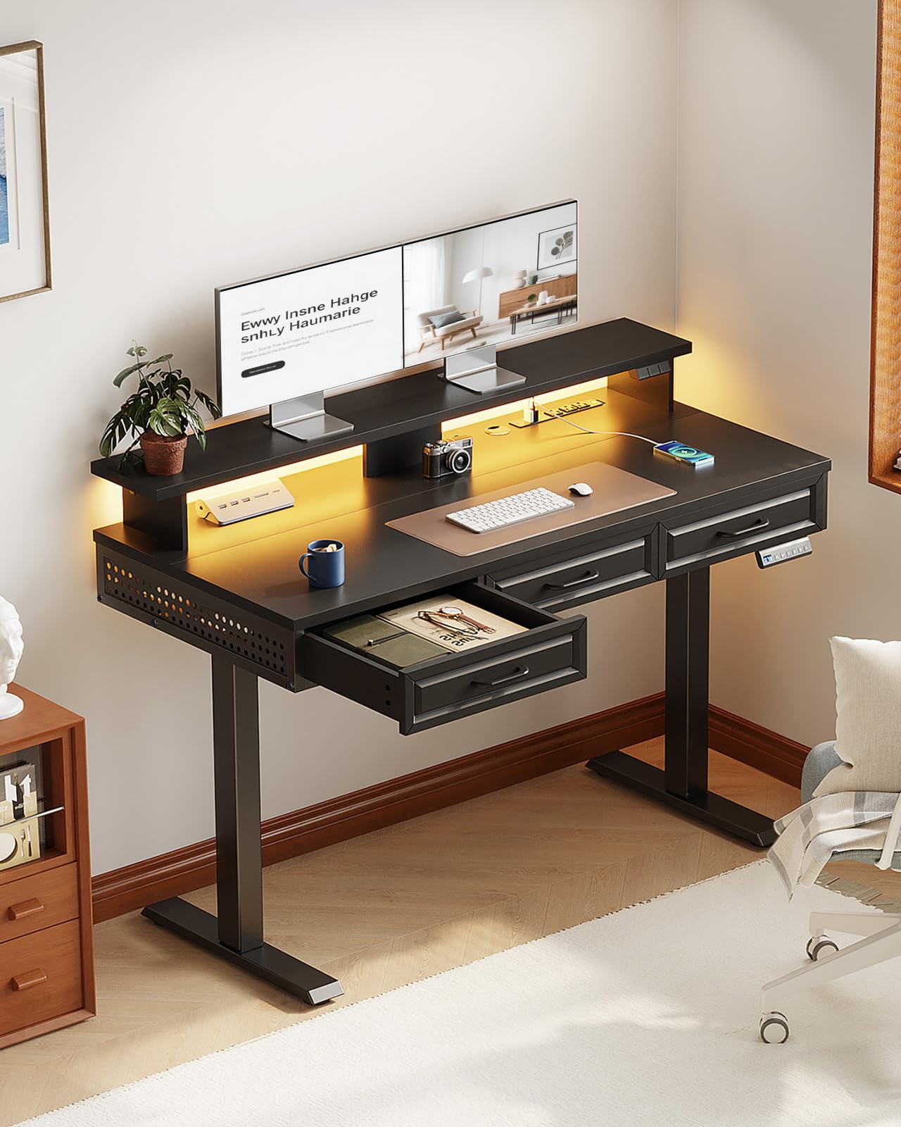 OffiGo Electric Standing Desk with 3 Wooden Drawers 48 Inch Height Adjustable Desk with Power Outlets LED Lights — view 2