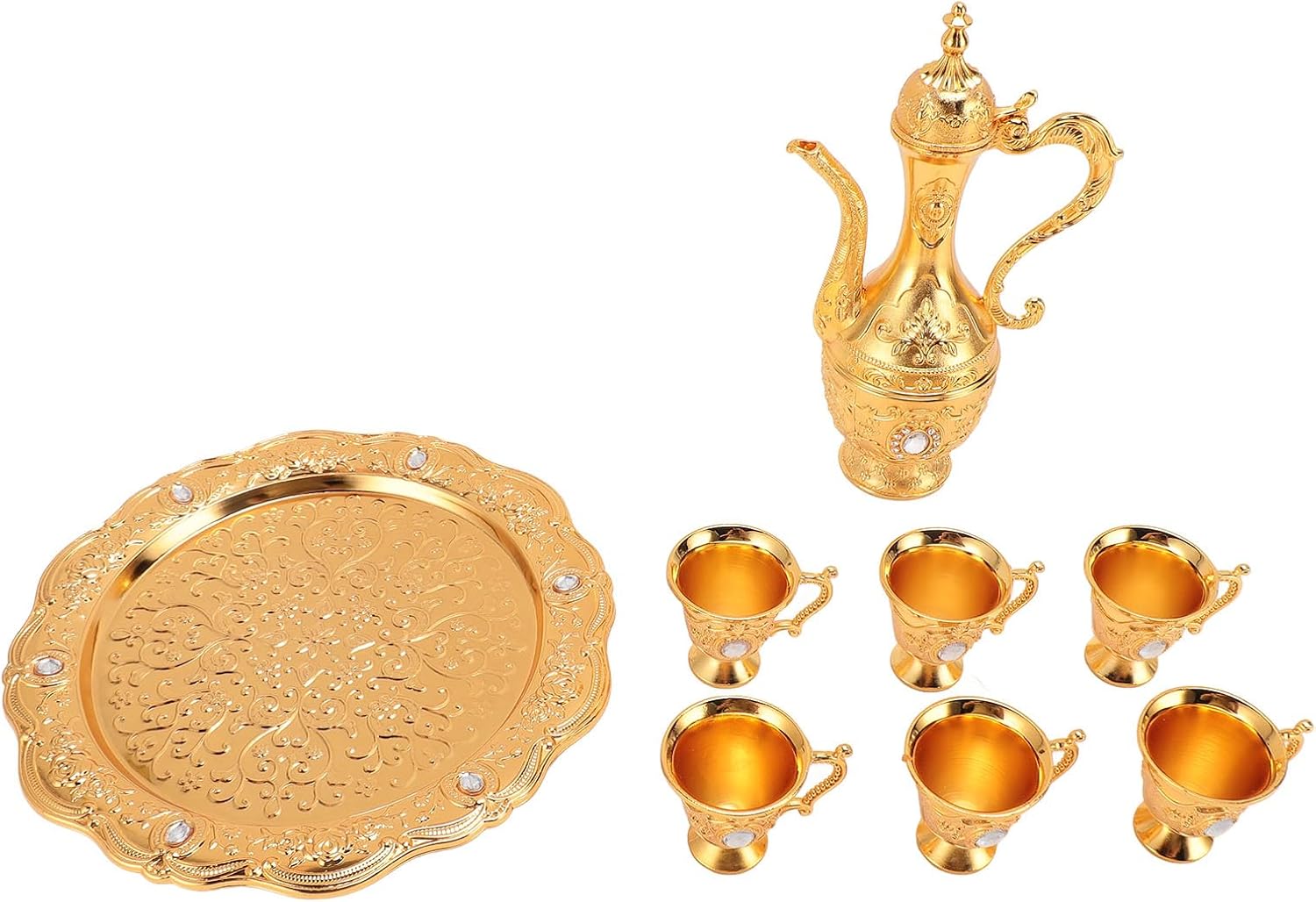 Alloy Wine Glass Pot Set, Retro Coffee Tea Serving Set, Vintage Metal Tea Cup Pot with Rustproof Zinc Alloy, Elegant Decorative Tray for Home Party Wedding Bar Decor (Gold)