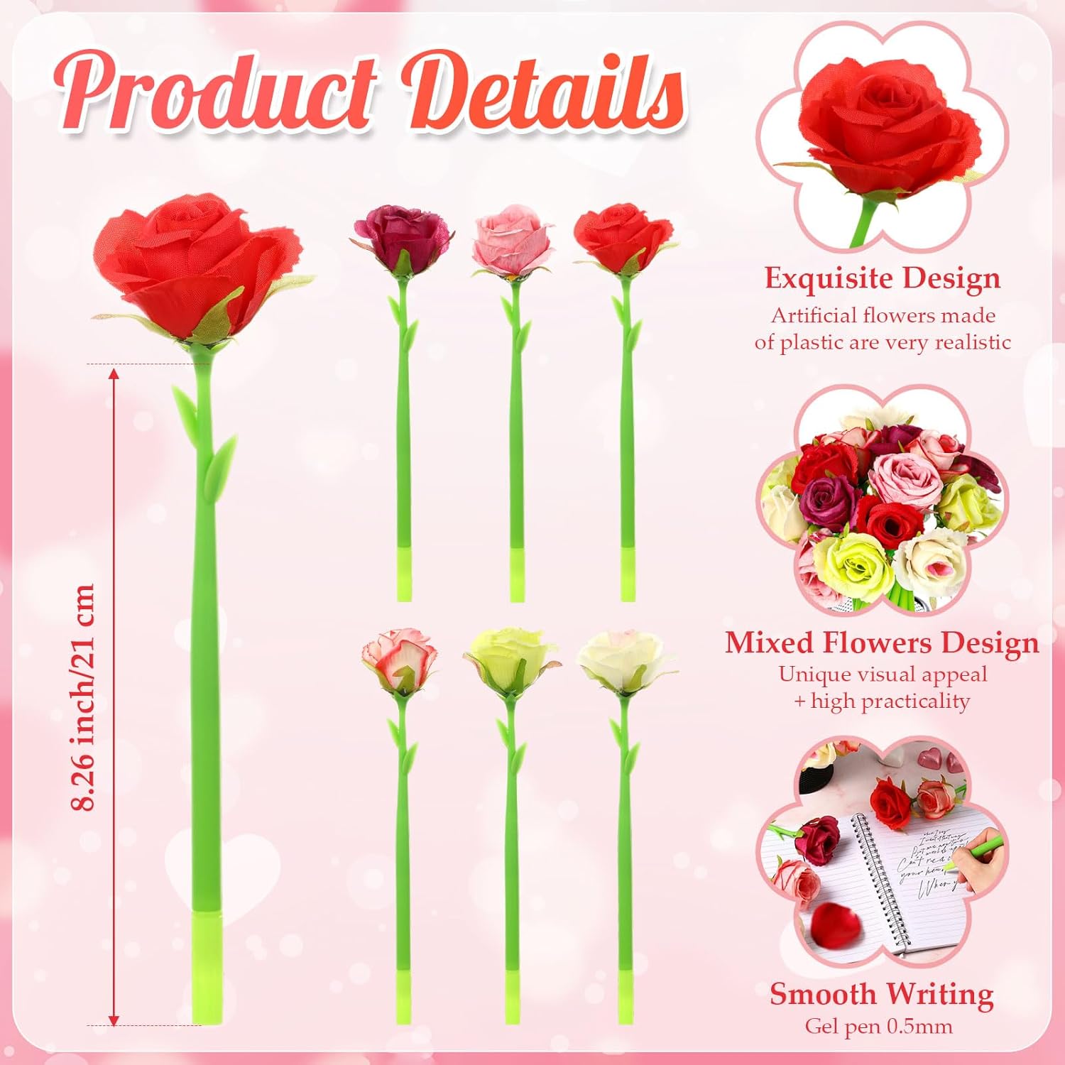 Ctosree 18 Pcs Flower Pens Artificial Mother's Day Rose Pens Bulk Floral Gel Ink Ballpoint Black for Women Wedding Spring Home Office Supplies(Multicolor,Rose)