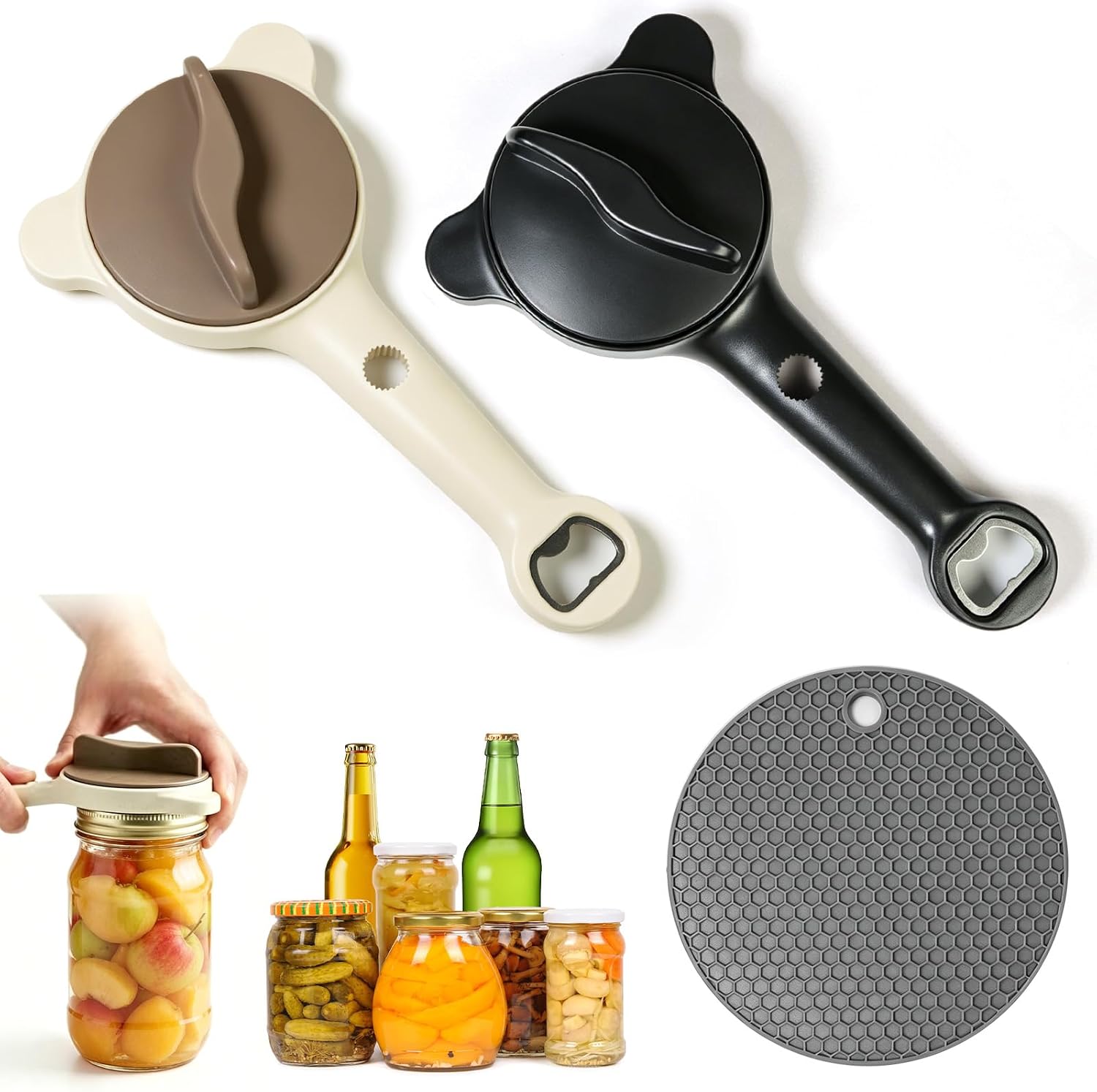 4-in-1 Multifunctional Jar and Bottle Opener, with Anti-Slip Pad, Adjustable for Weak Hands and Seniors, Easily Opens Jars, Bottle Caps, and Beer Caps, for Kitchen, Picnic, Camping（2 pack)