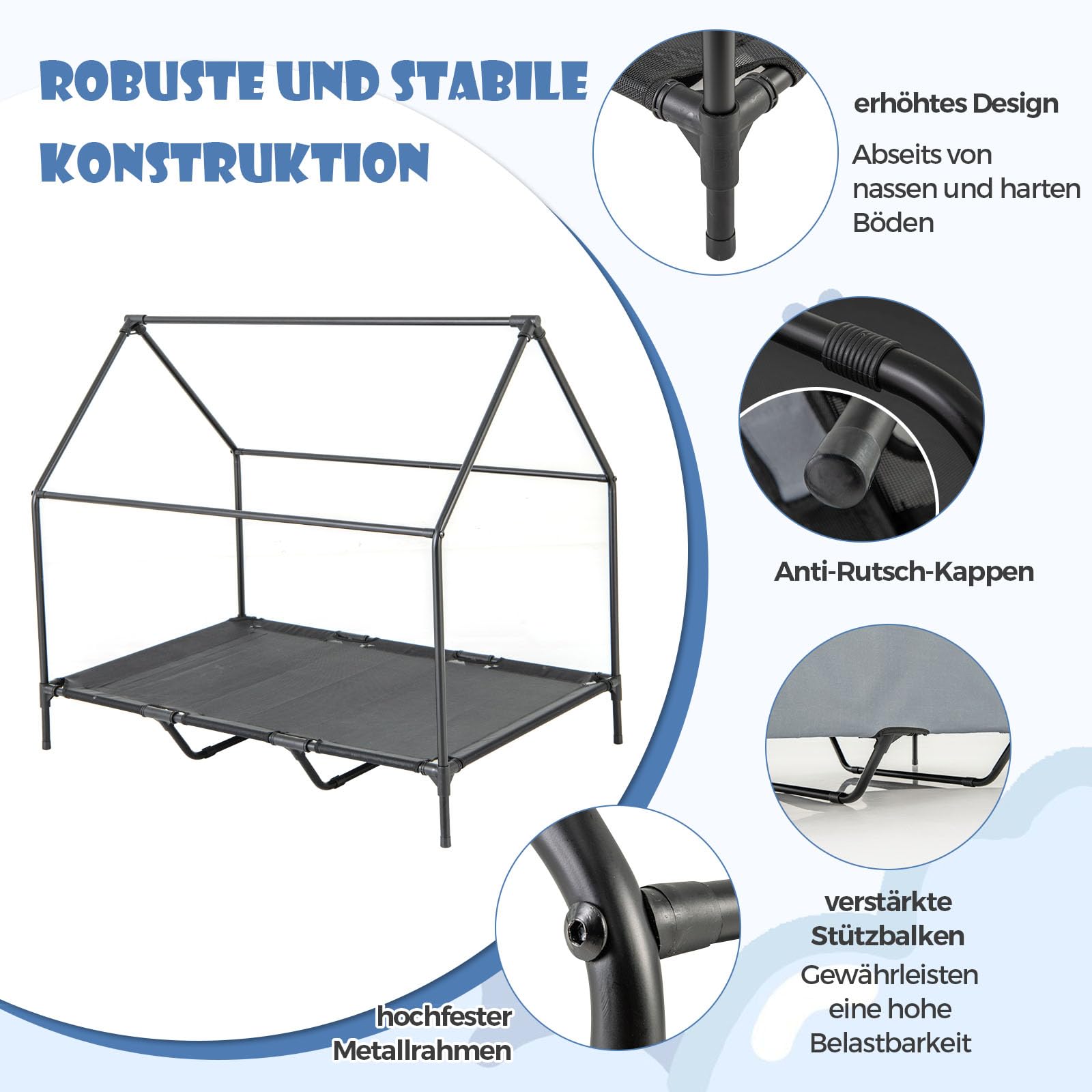 COSTWAY 2 in 1 Hundehütte & erhöhtes Hundebett, Hundeliege Outdoor, Haustierhaus mit atmungsaktivem Netzgewebe & Abnehmbarer Abdeckung, Hundehaus für große Hunde, Oxford, Grau (84 x 132 x 114 cm)
