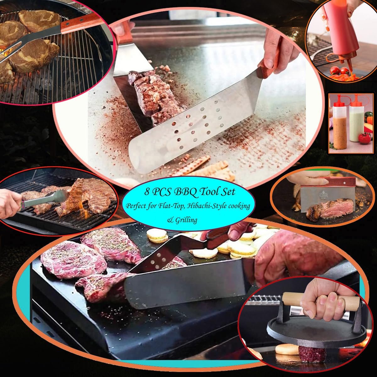 La Cuisine - Kit di 8 accessori per barbecue con coperchio piatto, spatole solide e perforate, forchetta, pinza, pressa per carne in ghisa, bottiglie per condimenti, per grigliare hibachi e teppanyaki