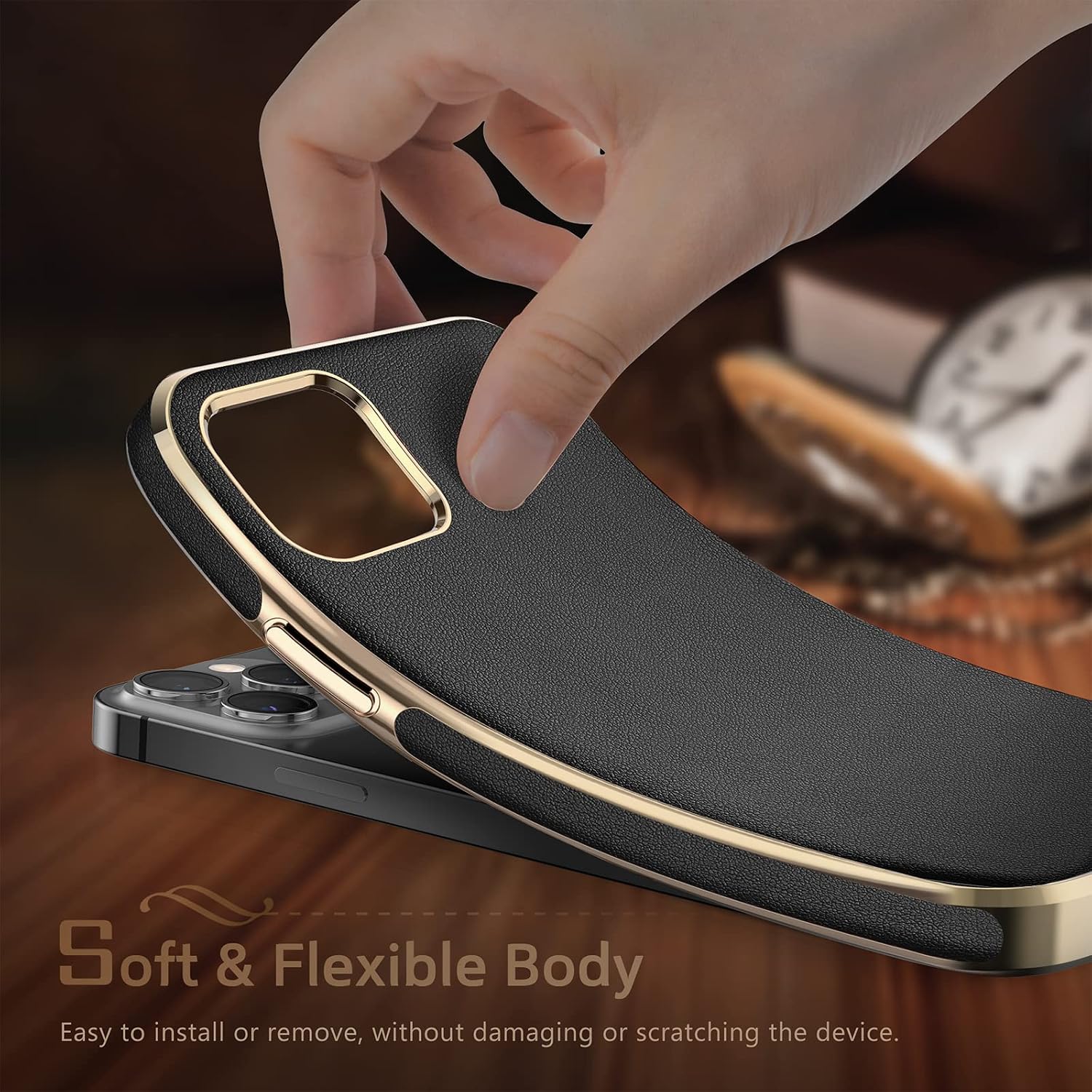 LOHASIC Designed for iPhone 13 Pro Max Leather Case, Premium Business Slim Classic Cover Soft Grip Shockproof Men Phone Cases Compatible with iPhone 13 Pro Max 5G 6.7 inch - Black Gold