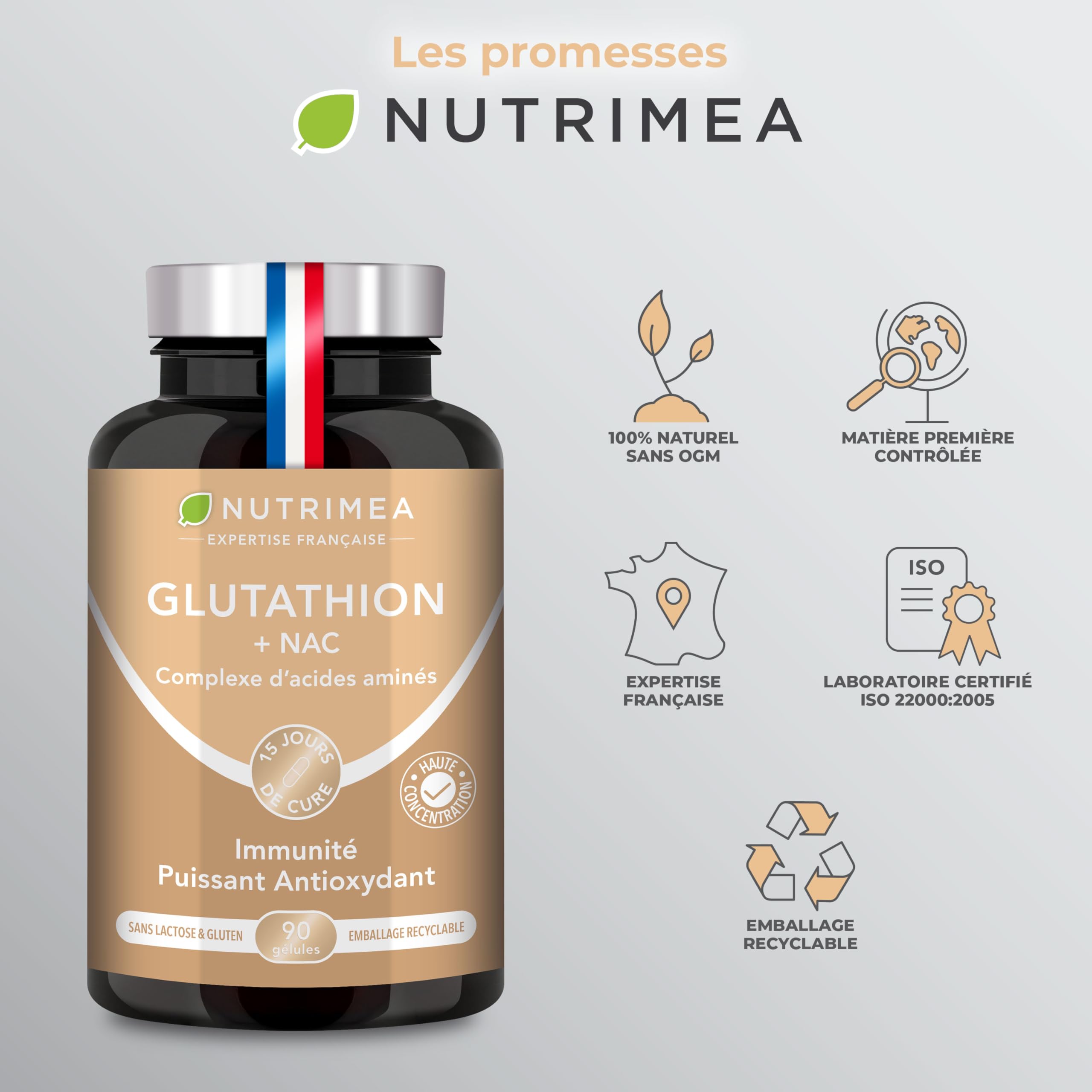 GLUTATHION - Réduit à 98% - Formule avec Précurseurs dont NAC + Vitamine C - Renforce l'Immunité, Antioxydant - Anti-âge, Peau Illuminée - 90 Gélules Vegan - Nutrimea - Fabriqué en France