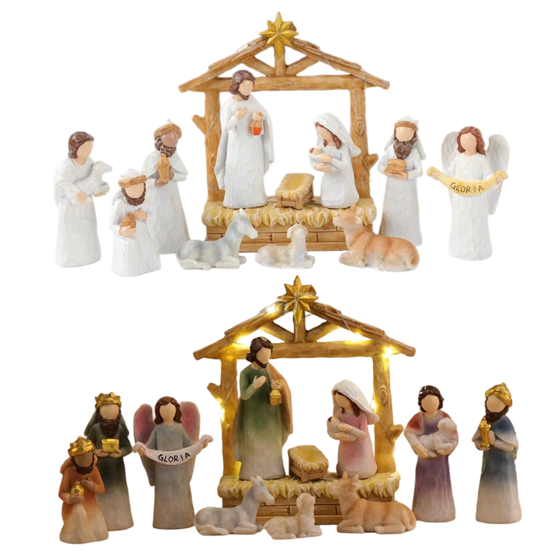 Blanco Home Conjuntos y Figuras de Nacimiento Juego de 12 Belén de Resina con Luces navideñas para decoración navideña para niños y Familias..