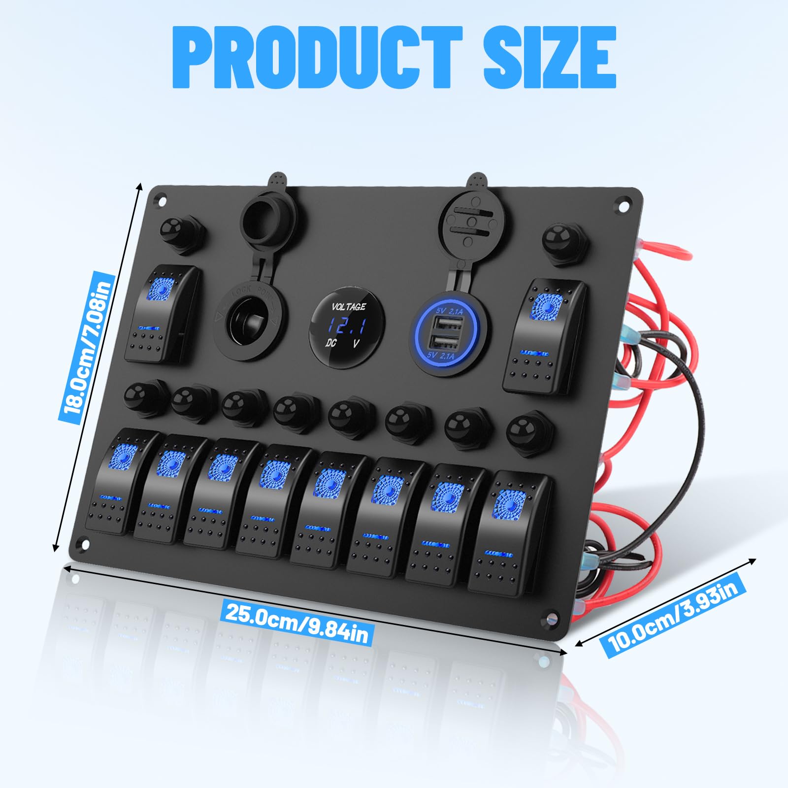 Geloo Pannello Interruttori a Bilanciere 12V 24V 10 Gang Interruttore a Levetta Impermeabile con Interruttore Automatico, Voltmetro, Presa Accendisigari per Auto, Doppio Caricatore USB