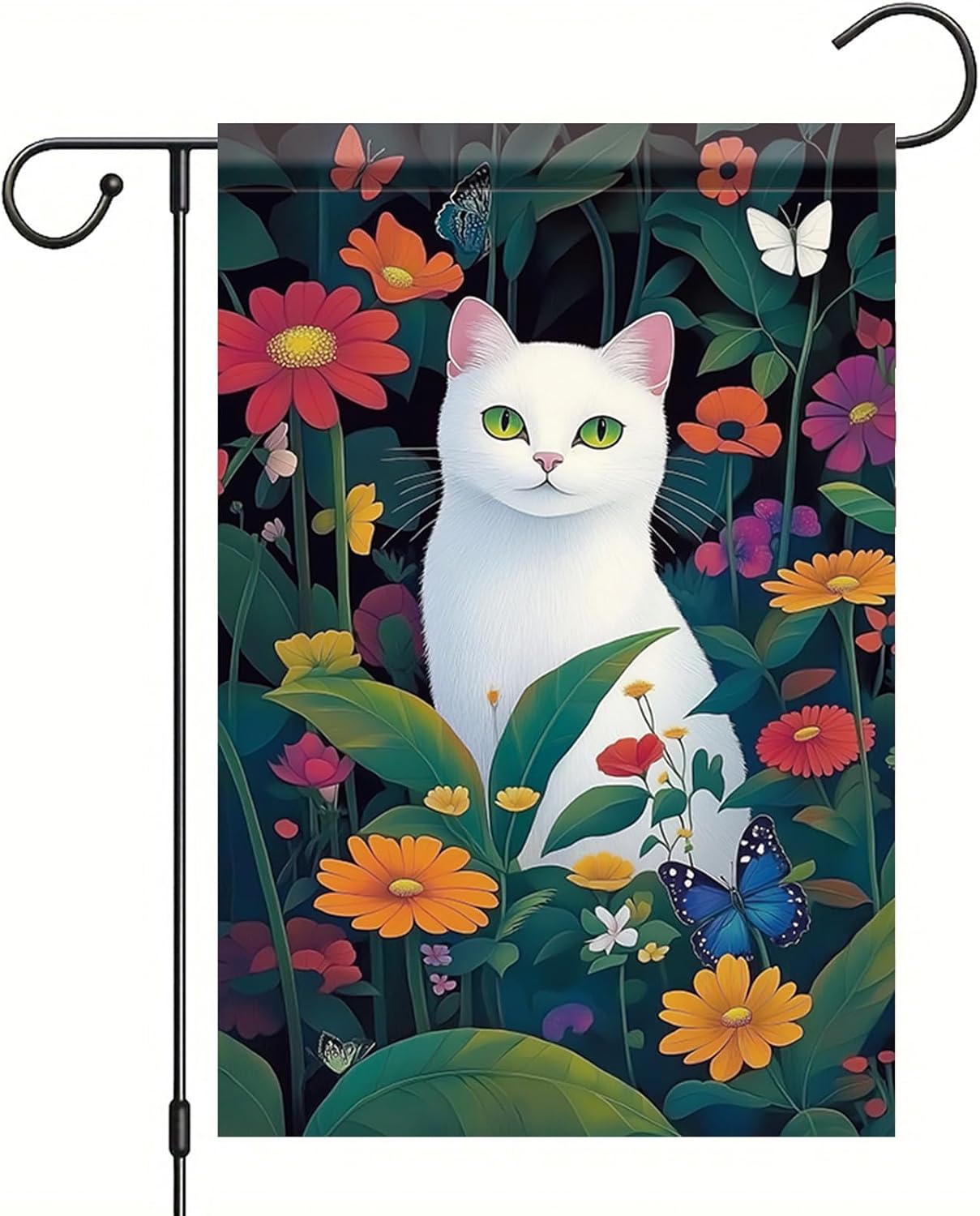 Spring Summer Garden Flag White Cat Flag 12x18 Inch Double-Sided Floral Butterfly Cute Kitty Yard Banner Outdoor Decor for Porch Lawn Pathway Cat Lover Gift