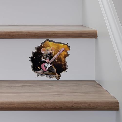 Miniatura 5 de Rock and Roll Mouse in Mouse Hole - Calcomanía de pared 3D con agujero de ratón
