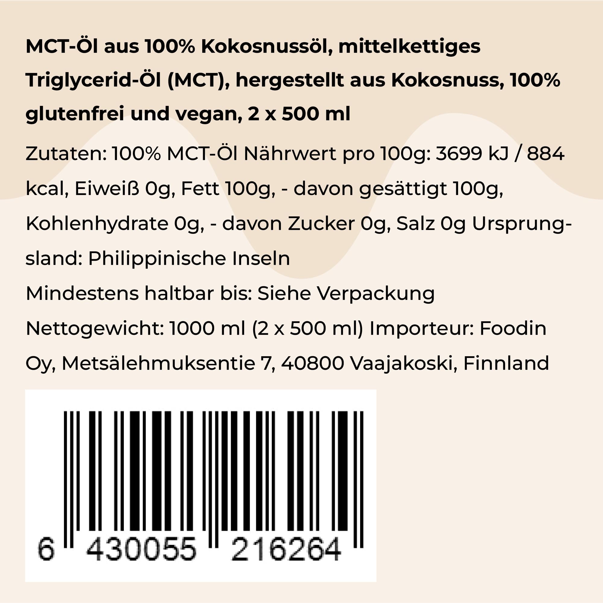 FOODIN MCT Öl 1000ml (2 x 500 ml) aus 100% Kokosöl, Medium-Chain Triglyceride (MCT) Oil, Hergestellt aus produzierter Kokosnuss, 100% glutenfrei und vegan, Ideal für Ketogene Ernährung