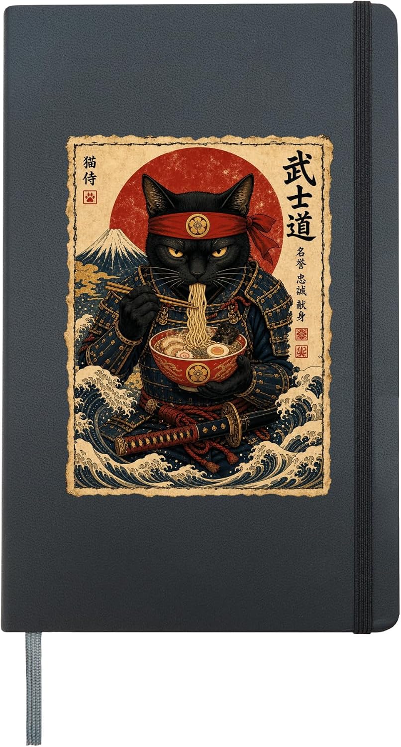 Cat Kitten Funny Anime Ramen Samurai Japanese Feline Warrior Hardcover Journal, Black