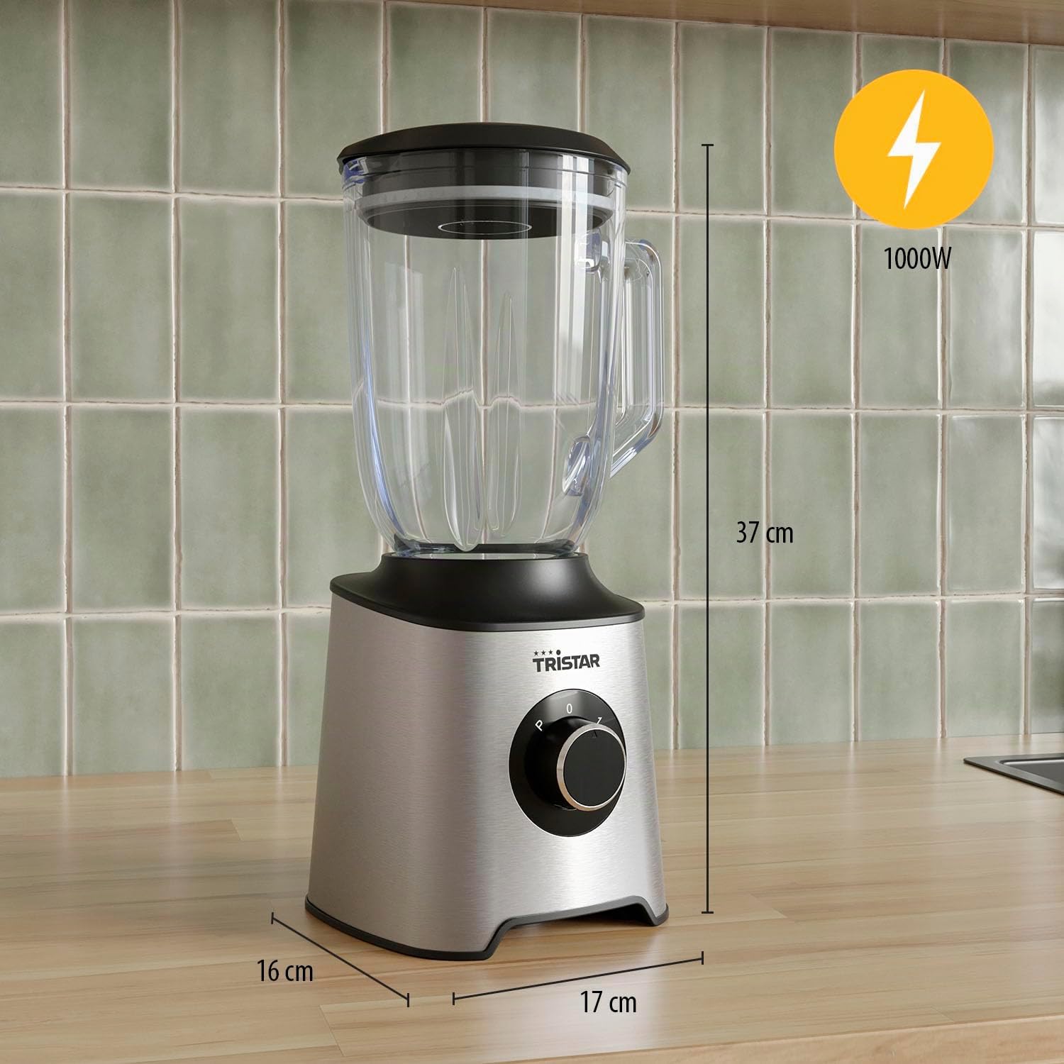 Tristar Batidora de Vaso, Jarra de Vidrio de 1,5 L, Motor de 1000 W, Cuerpo de Acero Inoxidable, 2 Velocidades, Fácil de Limpiar, BL-4489