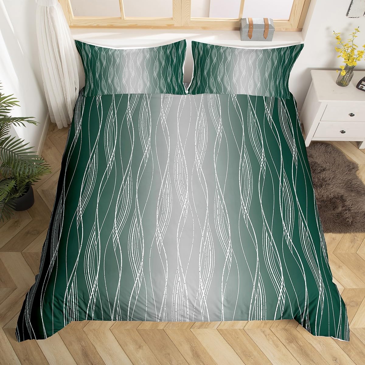Homewish Gradient Green Grey Duvet Cover Double Blackish Green Greyish White Ombre Bedding Set Geometric Striped Comforter Cover For Kids Adults Aesthetics Silver Wavy Line Quilt Cover Room Decor