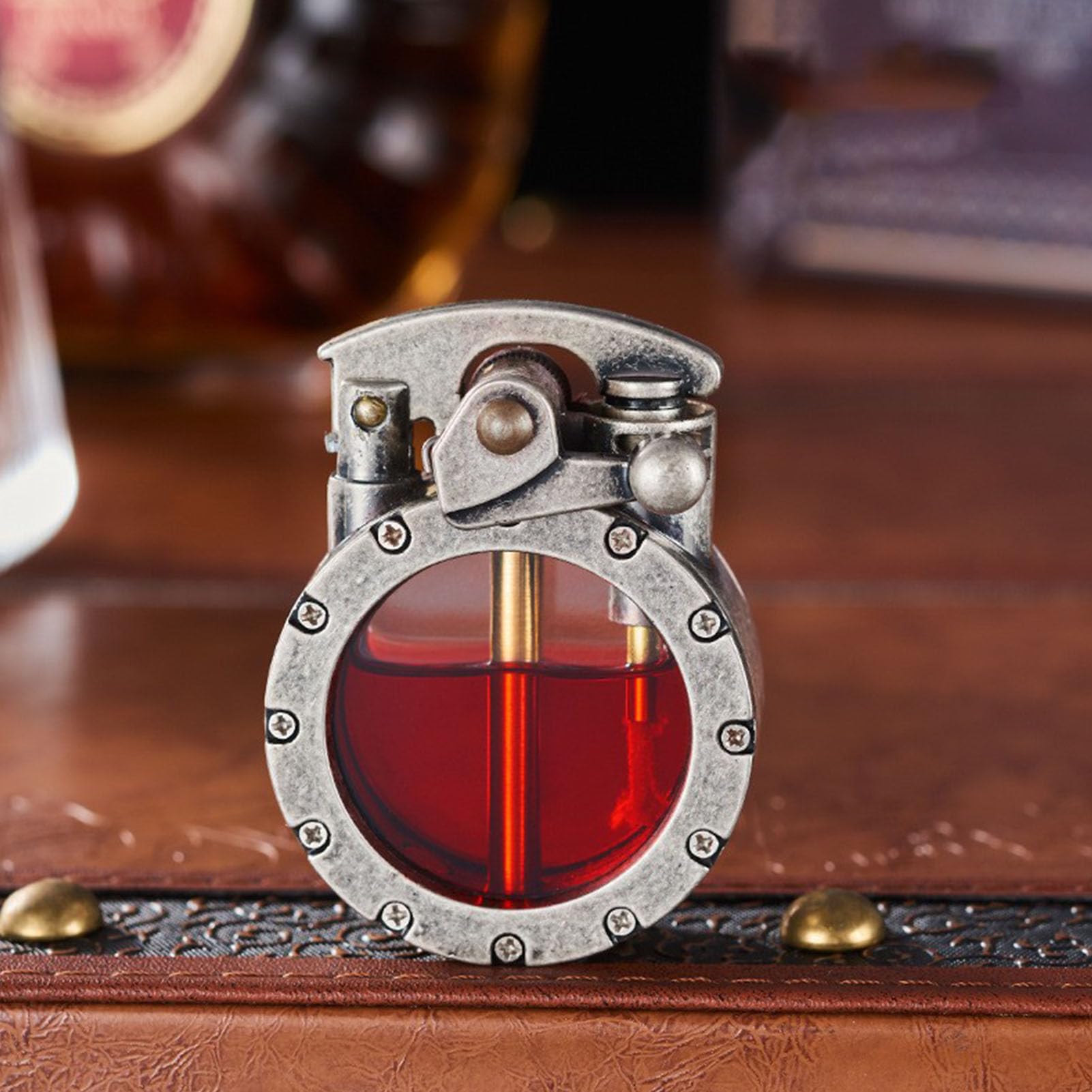 Wxshang Silver Vintage Trench Lighter, Vintage 𝐋𝐞𝐯𝐞𝐫-𝐀𝐜𝐭𝐢𝐨𝐧 Kerosene Lighter, 𝐓𝐫𝐚𝐧𝐬𝐩𝐚𝐫𝐞𝐧𝐭 𝐅𝐮𝐞𝐥 𝐂𝐡𝐚𝐦𝐛𝐞𝐫 Lighter, Antique Steampunk 𝐁𝐫𝐚𝐬𝐬 Lighter (𝐍𝐨 𝐅𝐮𝐞𝐥) (Silver)
