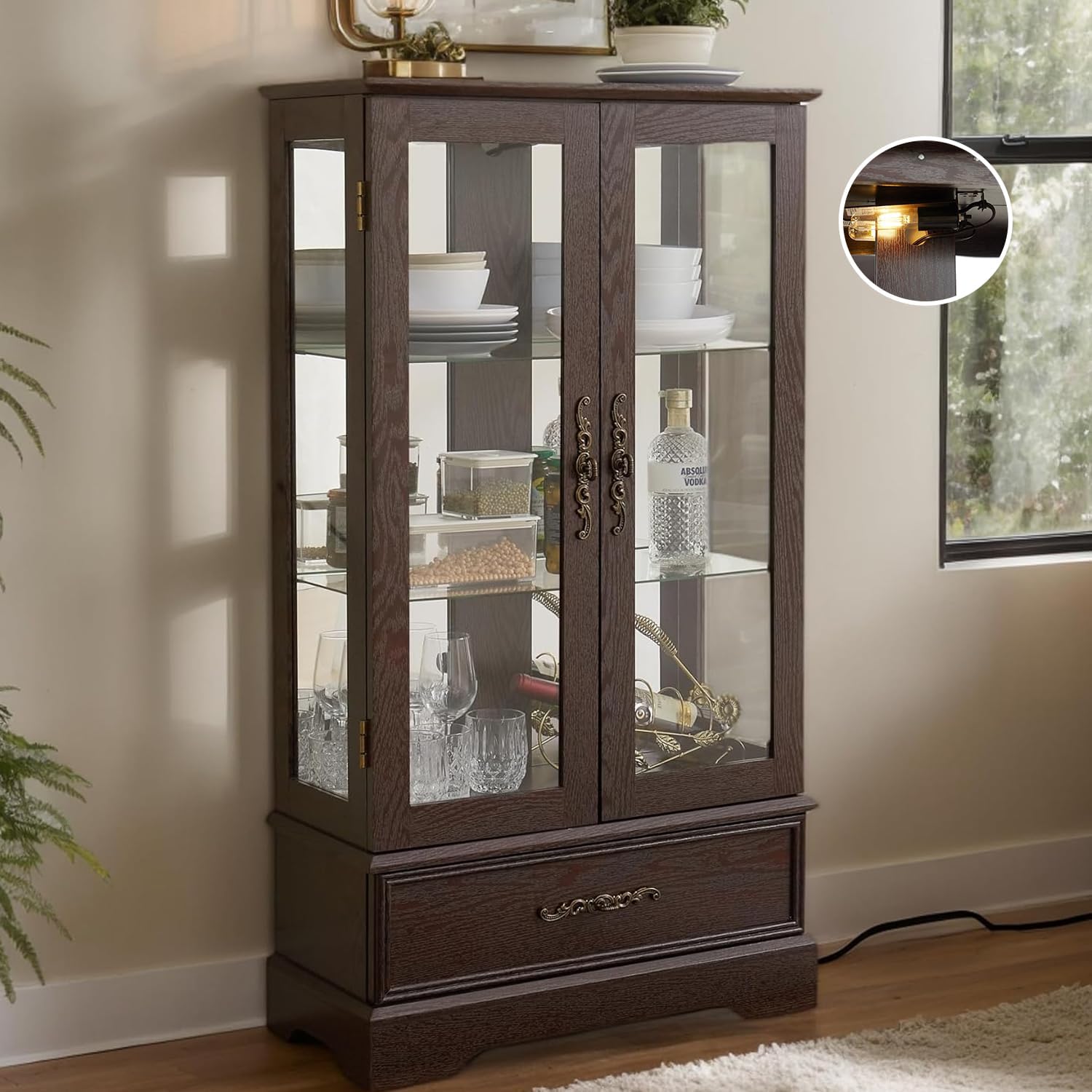 47" Lighted Glass Accent Curio Cabinet, 3-Tier Antique Storage Cage with Adjustable Shelves & Drawer, Acrylic Mirrored Pane, Light Blub Included, Small China Cabinet for Living Room (Dark Cherry)