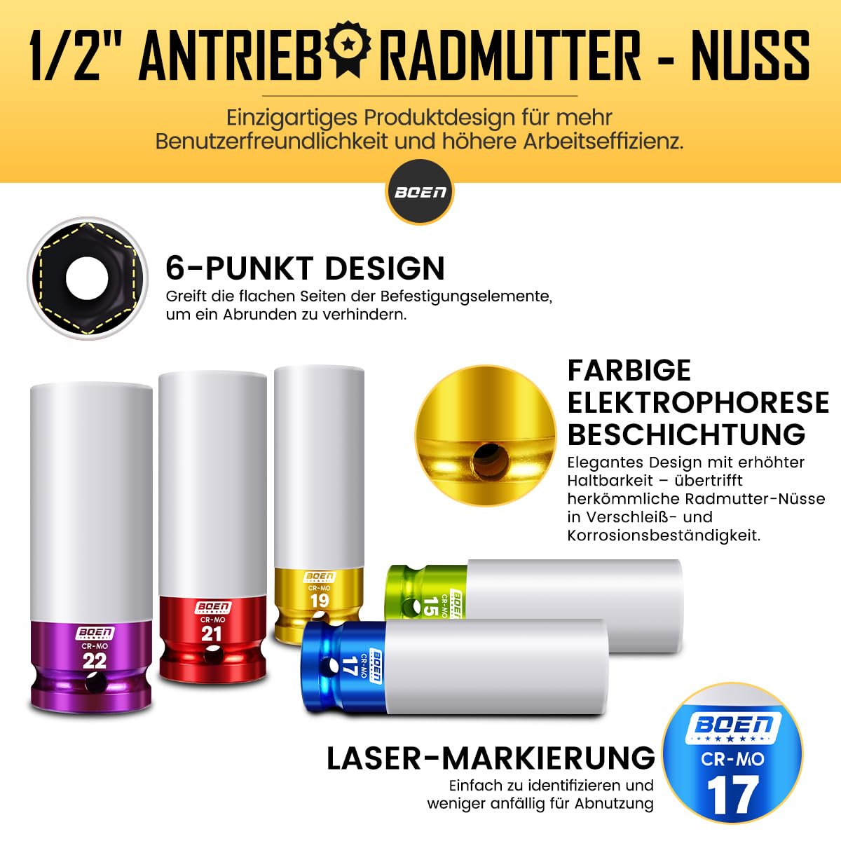 1/2" Antrieb Schlagschrauber Nüsse set, 5-teilig, Metrisch(15 17 19 21 22 mm), Cr-Mo Schonnüsse Set, Dünnwandig für Alufelgen Radwechsel mit Felgenschutz, 6-Punkt, farbig elektroplattiert