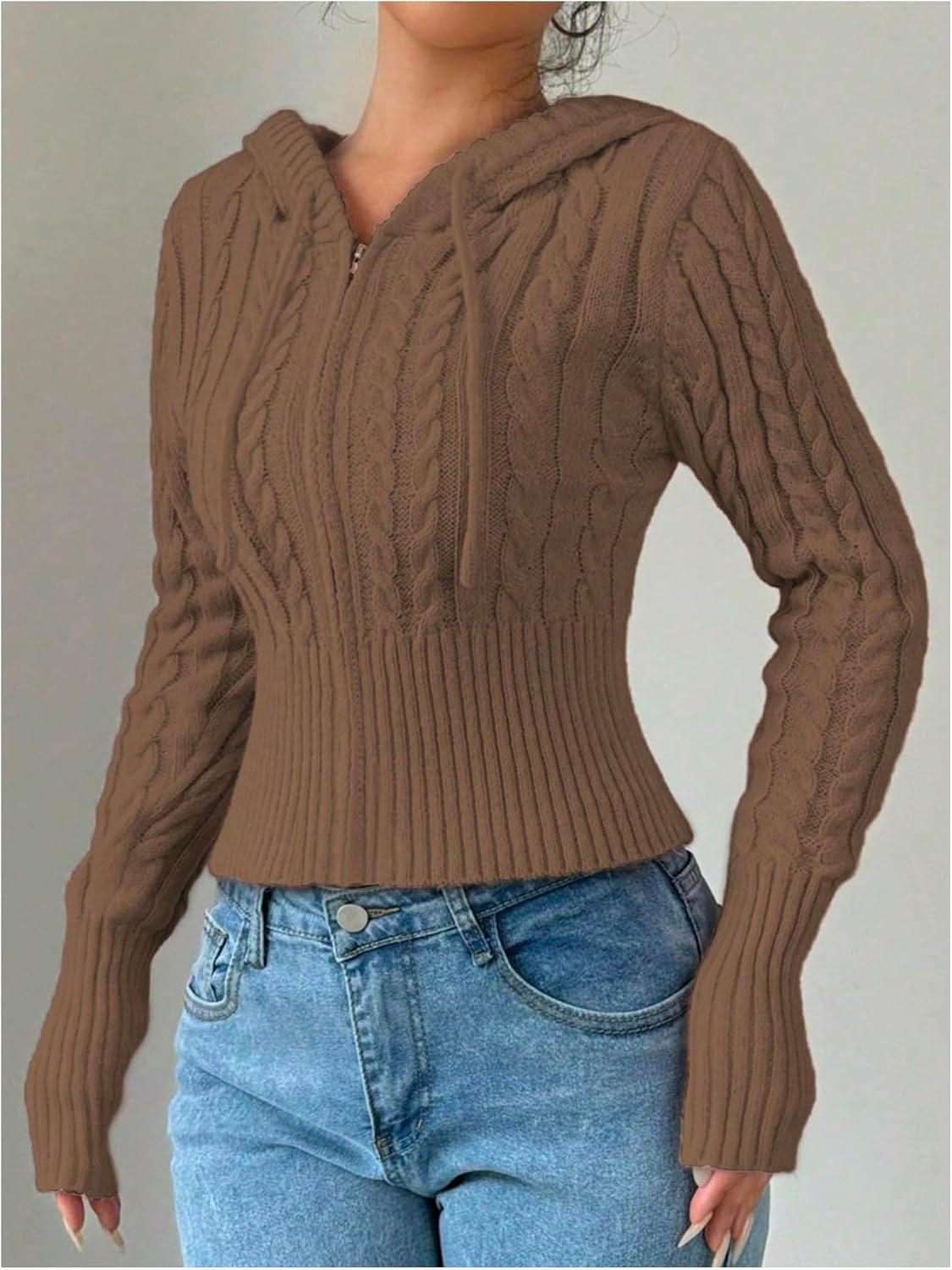 SOLY HUX Women's Crop Cardigan Sweater Cable Knit Zip Up Hoodies Long Sleeve Fall Jacket Y2k Outerwear - Image 3